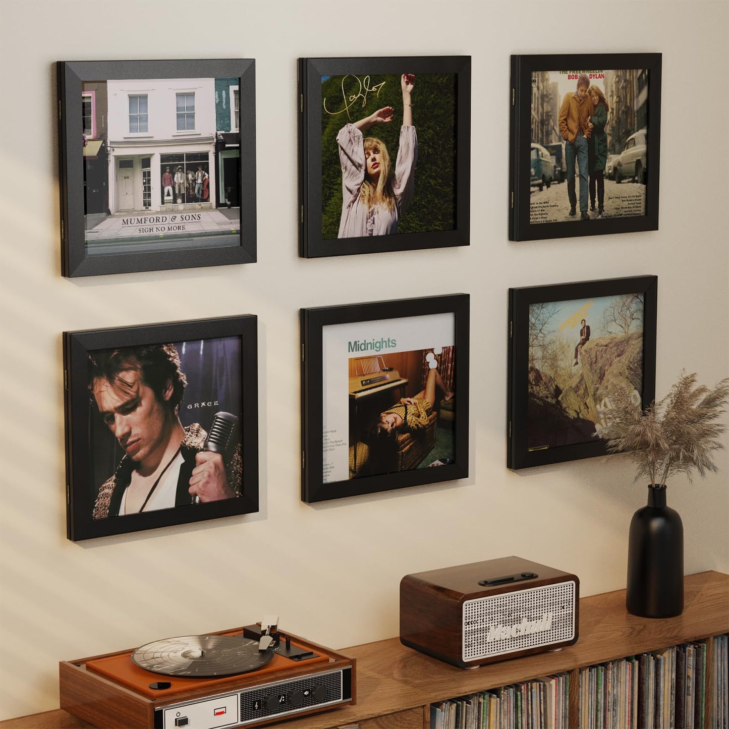 Emfogo 4 Pack Vinyl Record Frame for the Wall, Wall-Mounted Vinyl Record Display Frame, Album Frames for 12x12 Inch LP Album Cover (4 Pack/Black)