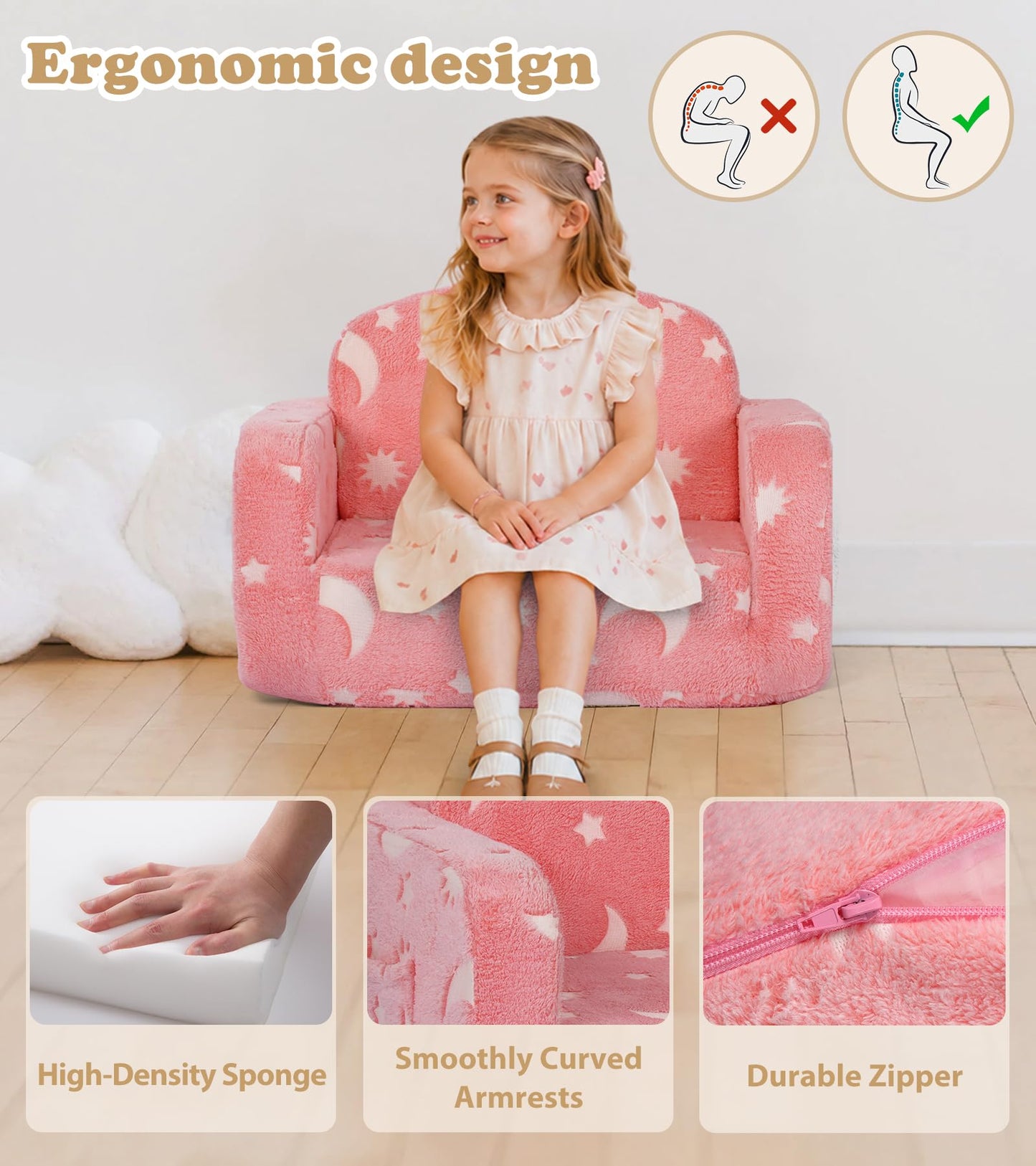 Kids Couch, 2-in-1 Soft Toddler Couch Fold Out with Blanket and Cloud Pillow, Glow in The Dark, Convertible Sofa, Gifts for Kids Girl Boys, Medium Pink Moon