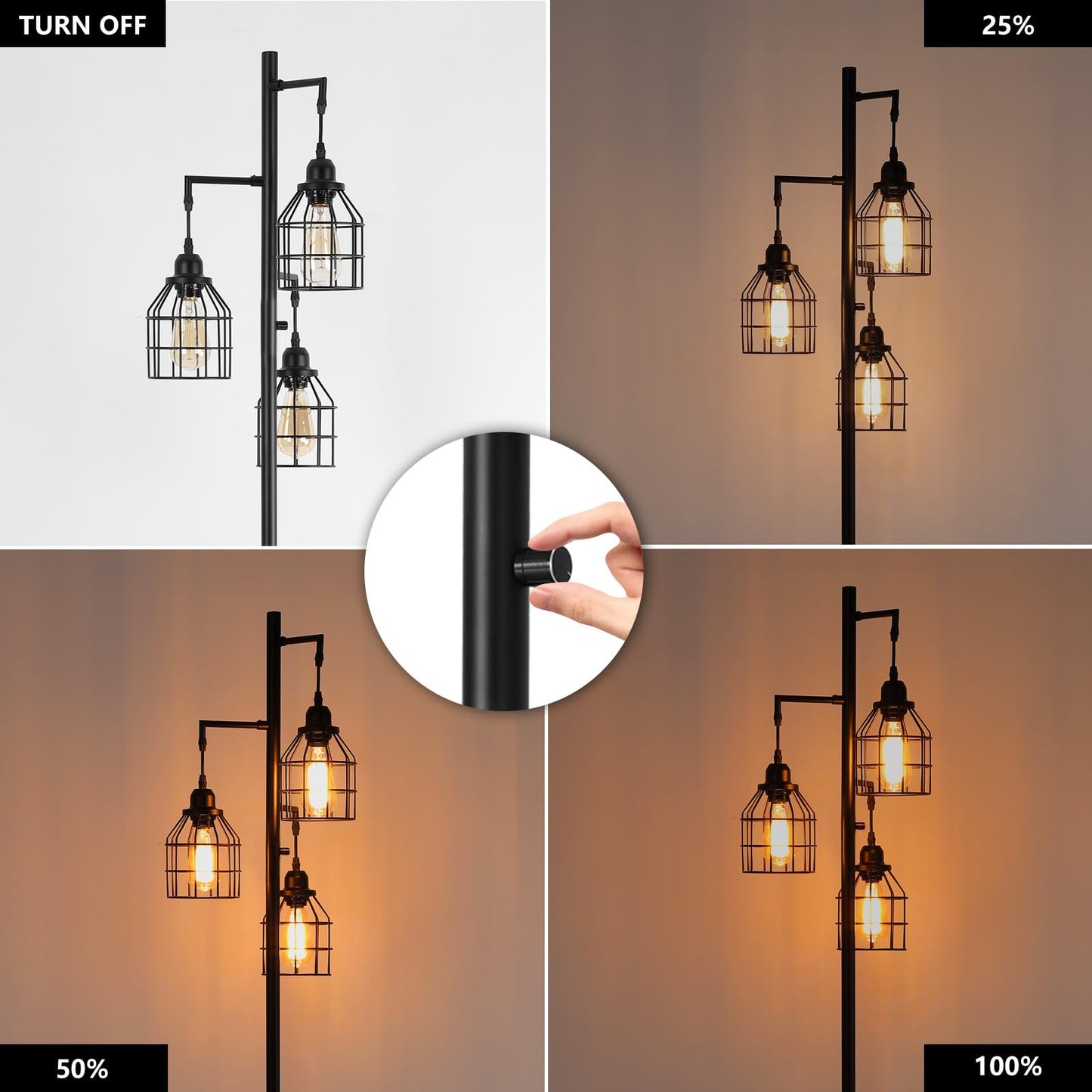 9MMML Floor Lamp for Living Room, Farmhouse Industrial Dimmable Floor lamp,3 Lights Metal Cage Tree Standing Lamp,68", 3Pcs Led Bulbs Included