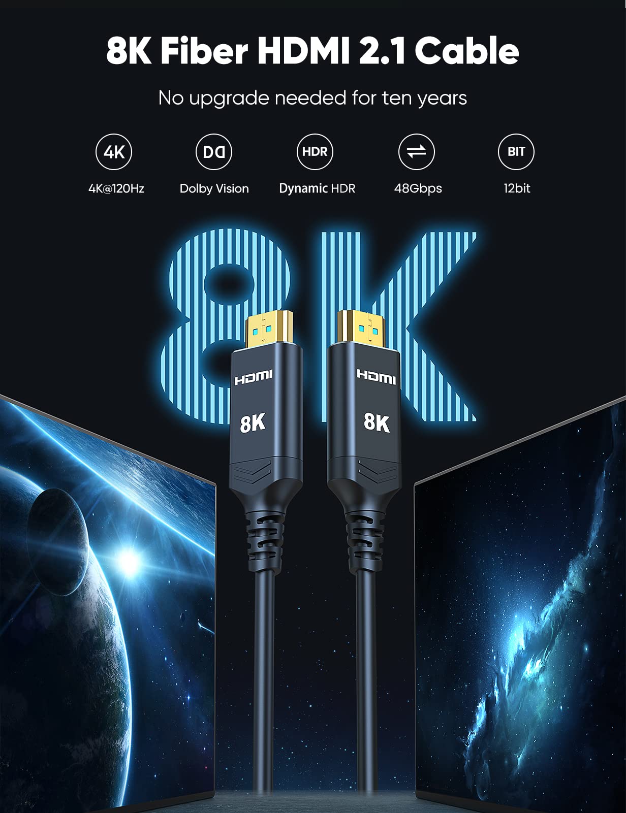 8K 4K 120HZ 50 FT HDMI Cable Fiber Optic, Highwings in-Wall CL3 Rated Long HDMI 2.1 48Gbps Ultra High Speed [8K@60Hz] Dynamic HDR/eARC/HDCP 2.2&2.3/3D, Compatible for PS5 PS4 Desktop GPUs 30&40 Series