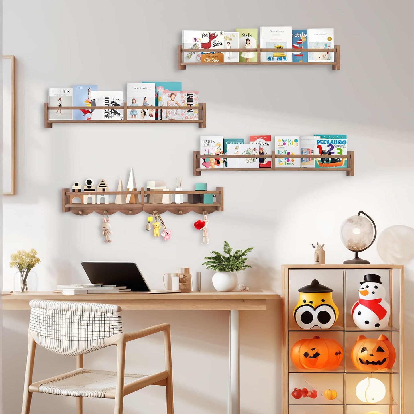 Dixryaus 34Inch Nursery Book Shelves Wall Mounted, Floating Book Shelf for Kids Coat Rack with 6 Hooks, Wall Hanging Shelf for Baby Nursery Room Organizer ，Patent Number:US-D1058229-S(4, Light Brown)