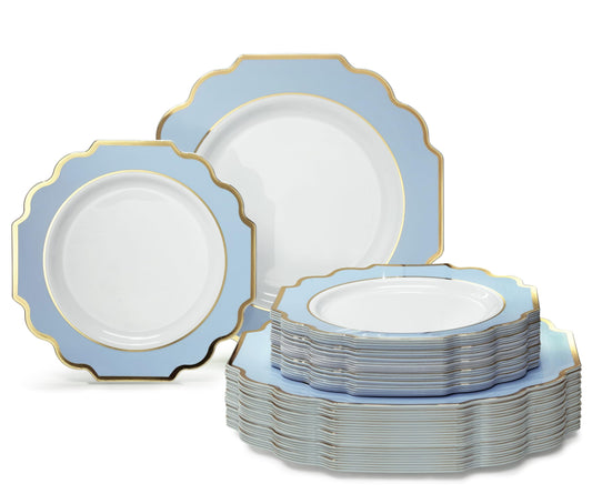 " OCCASIONS " 80 Plates Pack,(40 Guests) Heavyweight Wedding Party Disposable Plastic Plates Set -40 x 10.5'' Dinner + 40 x 8'' Salad/Dessert Plate (Imperial in White/Blue & Gold)