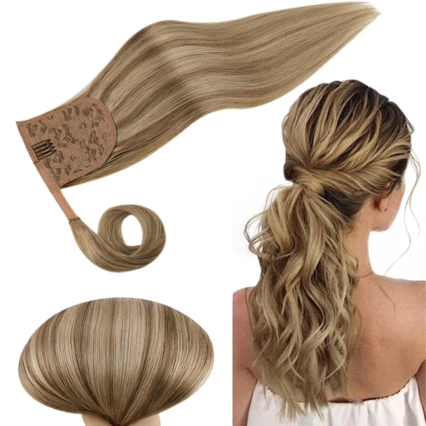 RUNATURE Hair Ponytail Extension Blonde Straight Human Hair Ponytail Extension 16 Inch Dark Blonde with Caramel Blonde Short Ponytail Human Hair Extension with Magic Paste Full Ends 80g
