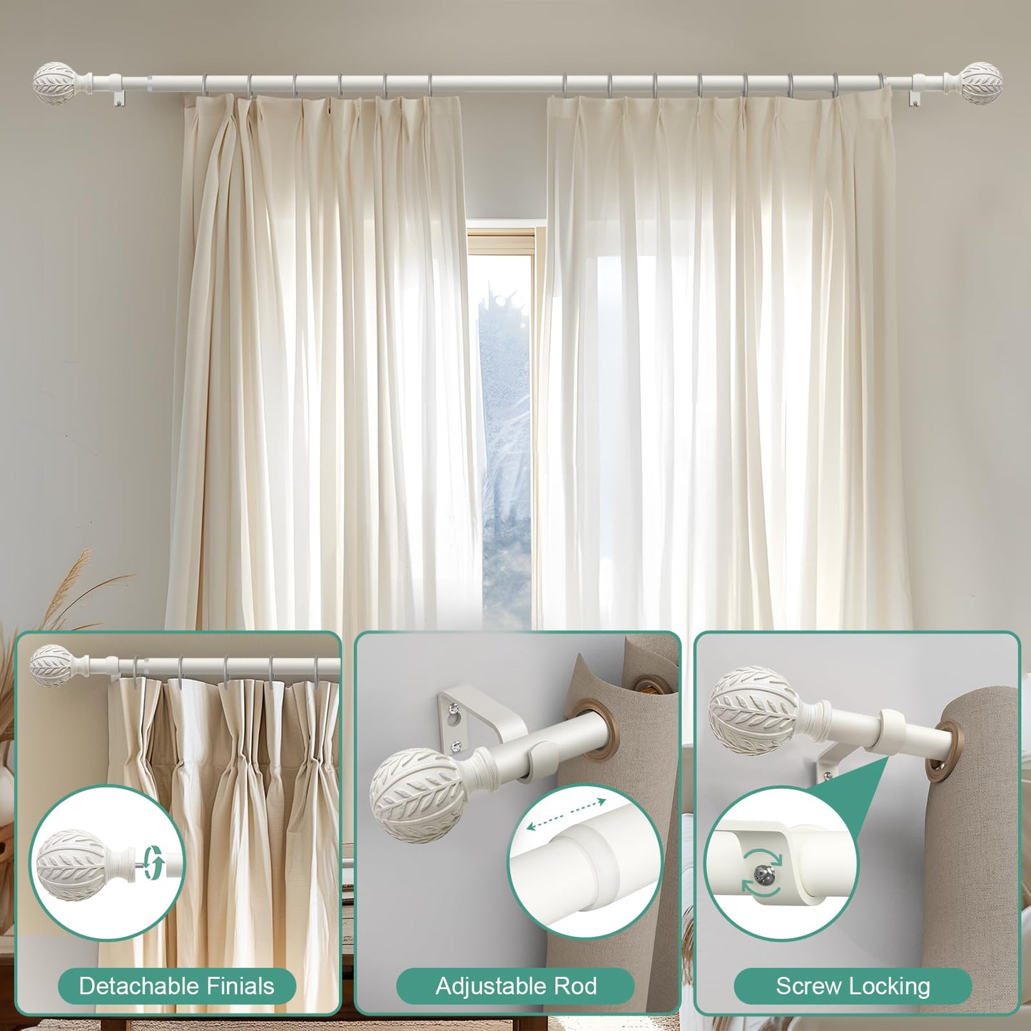 QDWIS Antique White Curtain Rods for Windows 48 to 84 inch,1" Adjustable Heavy Duty Window Curtain Rod with Leaf Finials,Rustic Decorative Drapery Rods Set,Size:36-88''