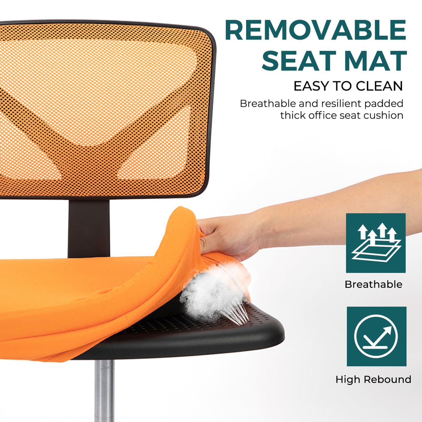 DUMOS Armless Office Chairs with Wheels, Ergonomic Adjustable Home Desk Swivel Rolling Task Chair No Arms, Comfy Mesh Mid Back Computer Work Vanity Desk Chairs for Small Spaces, Orange