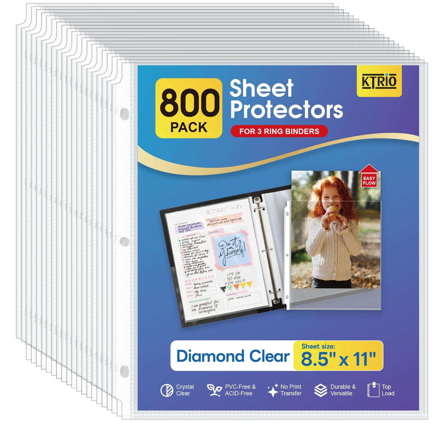 KTRIO Sheet Protectors for 3 Ring Binder 800 Pack, Clear Page Protectors 8.5 x 11, Plastic Binder Sleeves for Paper, Top Loading, Office Home School