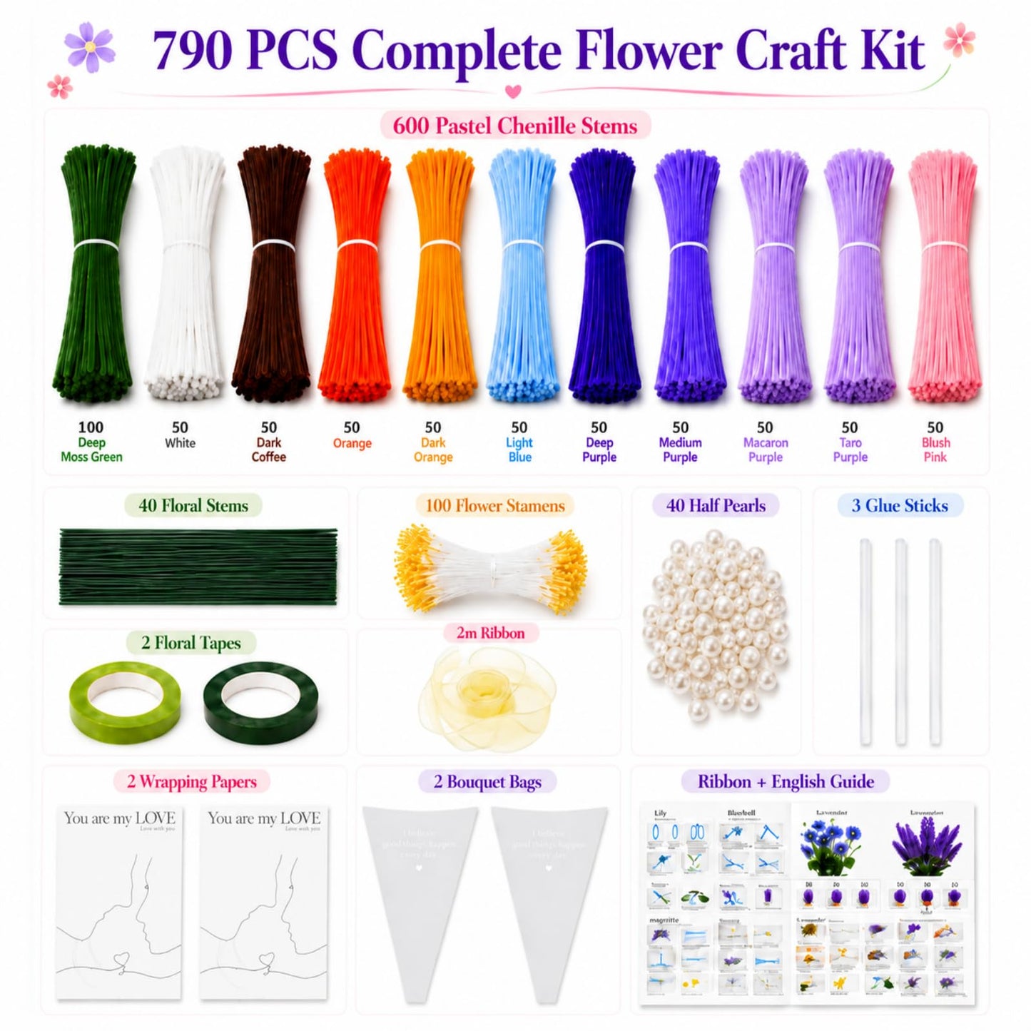 790 PCS Pipe Cleaner Flower Kit, Flower Pipe Cleaner Bulk Set, Pipe Cleaners Pastel for Pipe Flowers, DIY Pipe Cleaner Bouquet Craft Supplies for Handmade Gifts