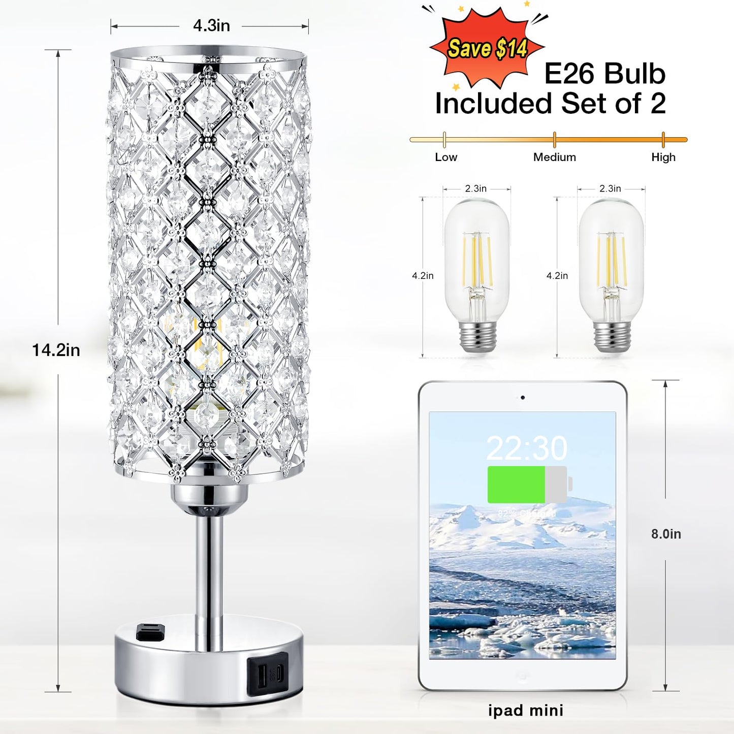 Crystal Lamp Touch Control Set of 2, Sliver Crystal Table Lamps with USB C+A Ports & AC Outlet, 3-Way Dimmable Nightstand Touch Lamp, Modern Bedside Table Lamp for Bedroom(Bulbs Included)