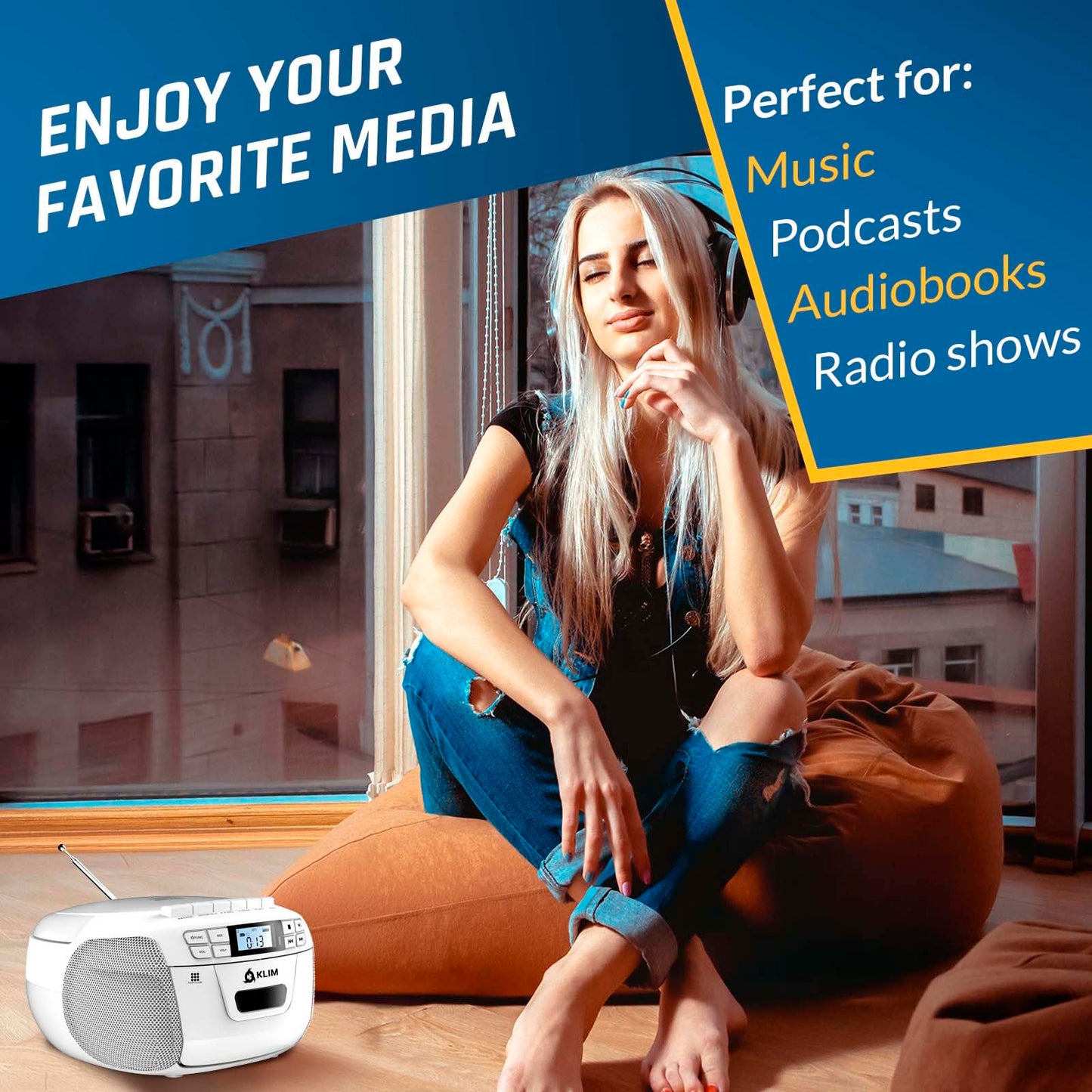 KLIM CD Player & Cassette Tape Player, Bluetooth Boombox, AM/FM Radio, Stereo Sound, Remote, CD and Cassette Combo, Tape Recording, USB Drive, AUX, AC/DC Powered - White