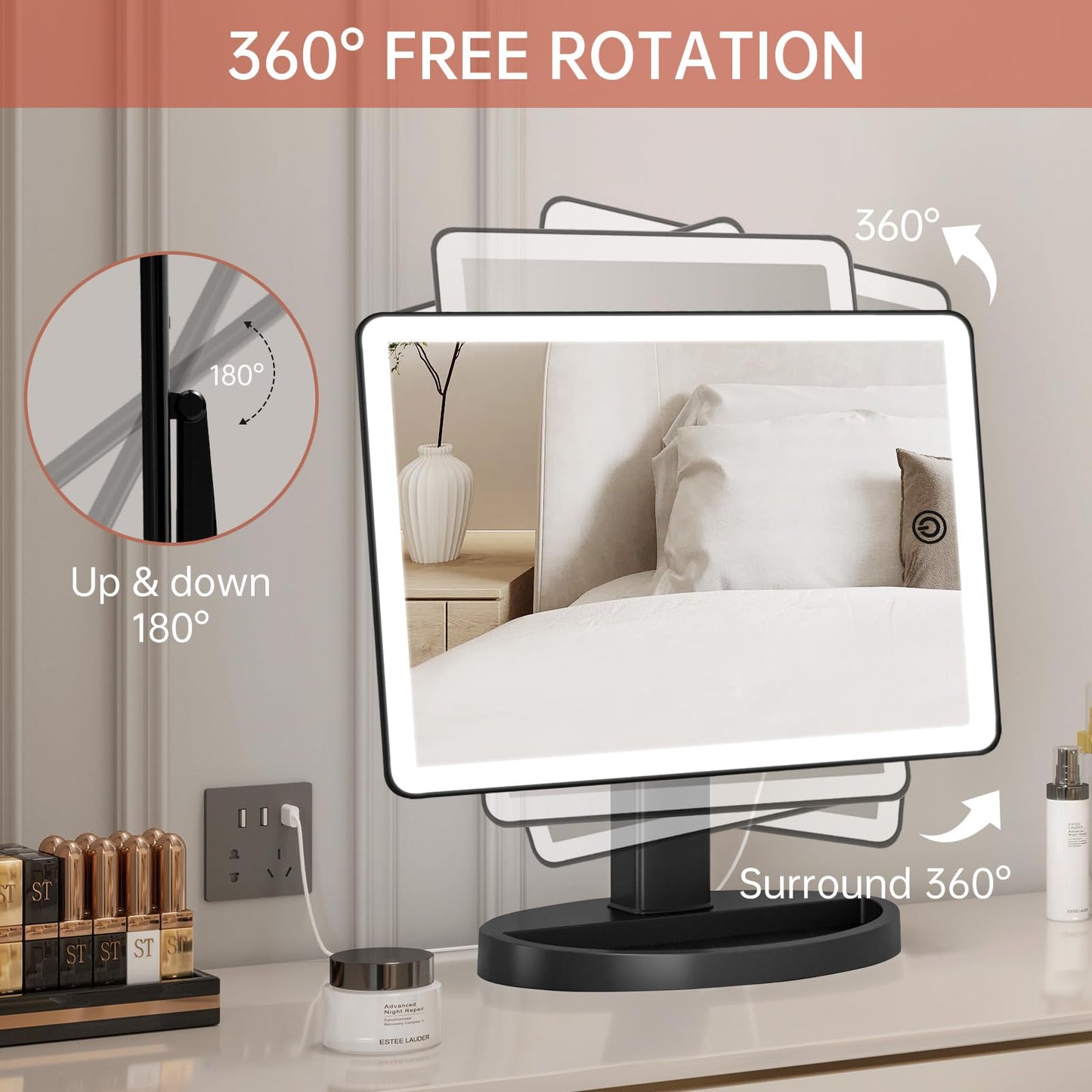 FUNTOUCH Large Lighted Vanity Makeup Mirror with Lights, 3 Color Lighting Modes Light Up Mirror with 88 LED, 360° Rotation Touch Screen and 10X Magnification Tabletop Cosmetic Make Up Mirror (Black)