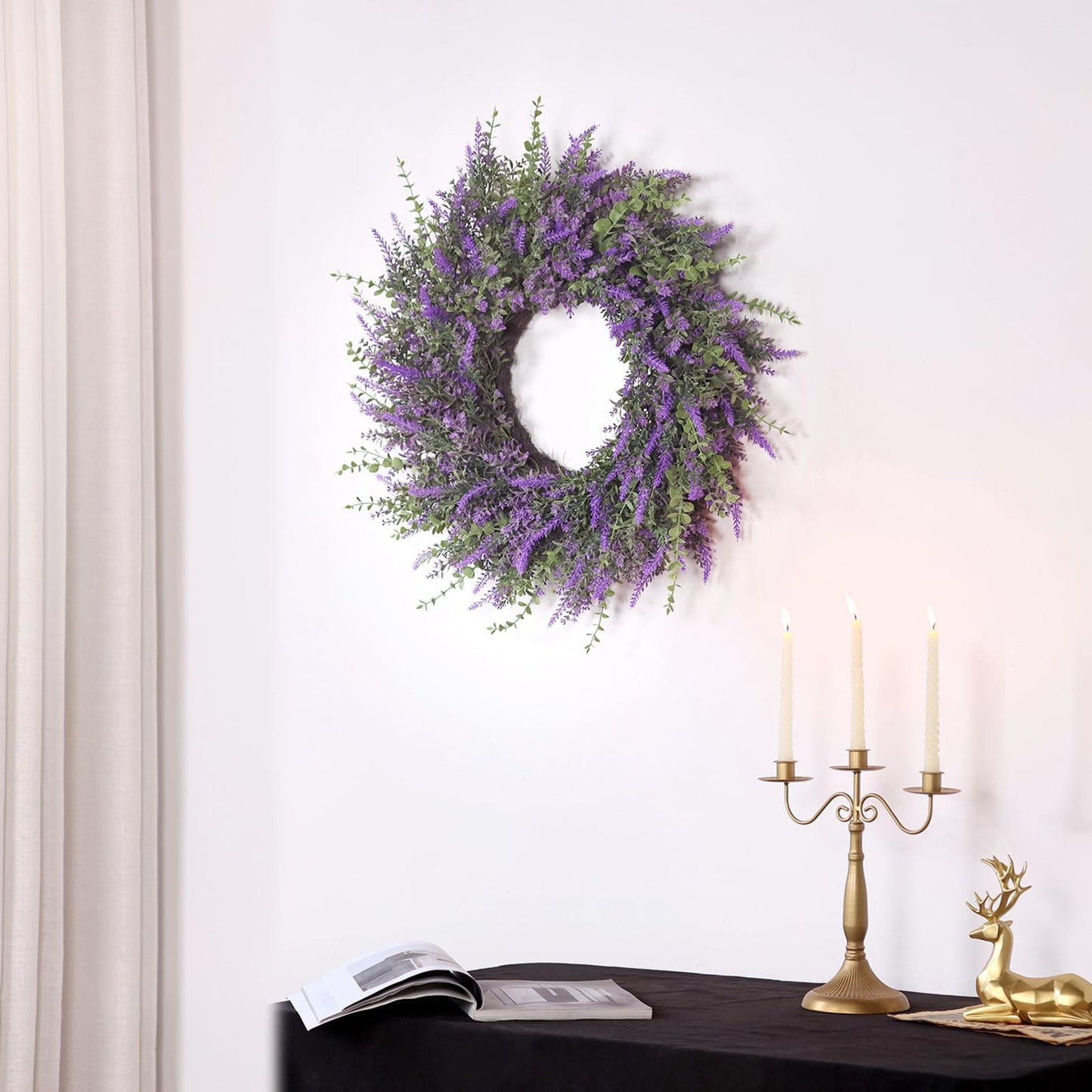 26'' Large Eucalyptus and Lavender Wreath for Front Door, Porch, Window- Artificial Eucalyptus Leaves with Lavender Wreath for Home, Farmhouse Wall Decor- Spring, Summer, Fall, All Seasons (Purple)