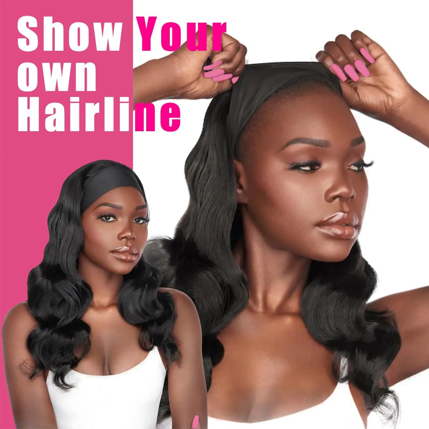 Headband Wig Human Hair Body Wave Headband Wig None Lace Front Wigs Glueless Human Hair Wigs Headband Half Wigs for Black Women Brazilian Virgin Human Hair Headband Wigs 16 Inch Natural Color