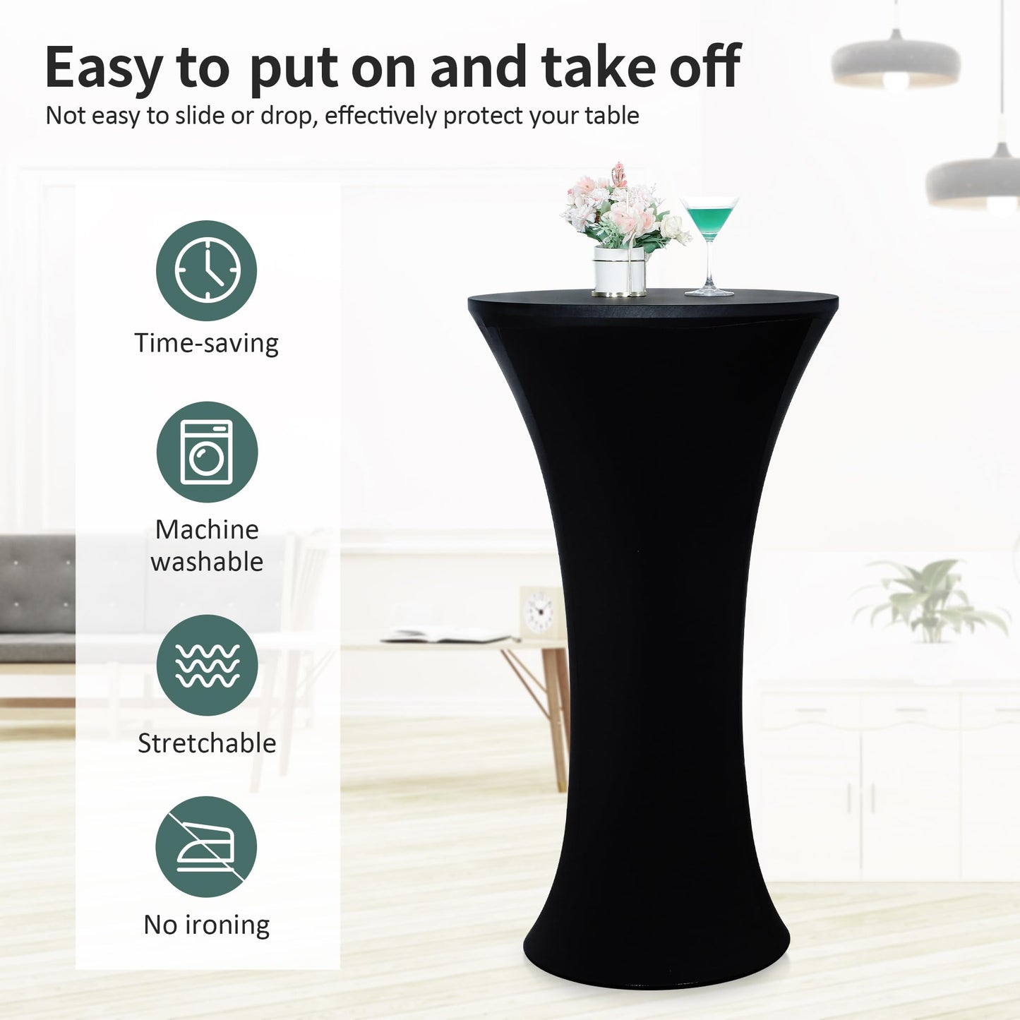 Wolkemer 4PCS 24x43 Inch Black Round Cocktail Tablecloth Fitted Highboy Stretch Cocktail Table Cover for Banquet Bar Party Pub Wedding Indoor Outdoor