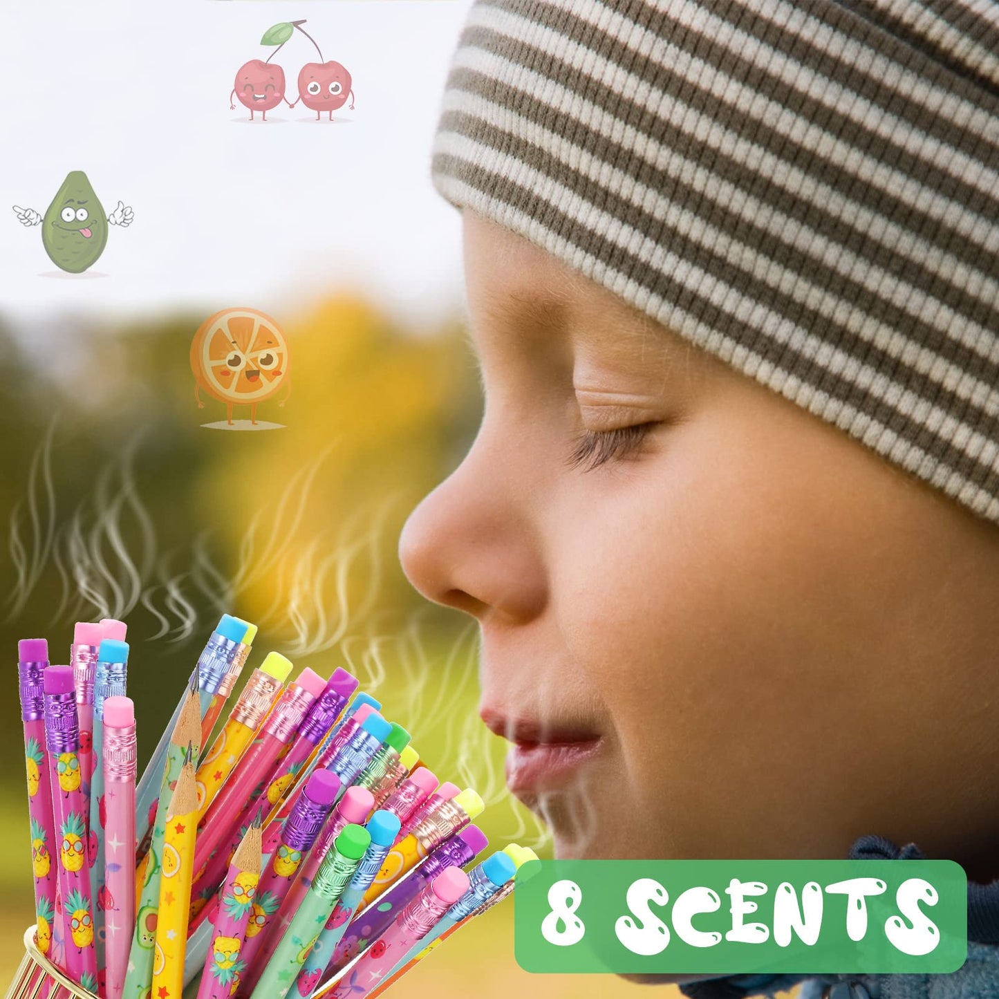Leinuosen 300 Pcs Scented Pencils Bulk for Kids Inspirational Cute Fun Wood Pencils with Erasers Fruit Elements for School Classroom Office Students