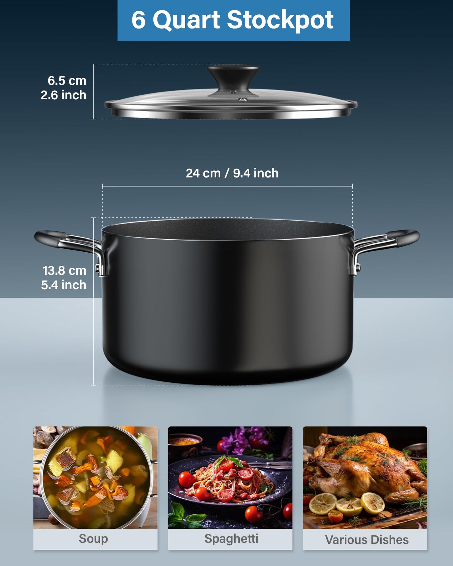 Cook N Home Professional 6 Quart Nonstick Stock Pot with Lid, Riveted Handles, Soup Pot for Holiday Feasts, Stockpot with Even Heating, Induction Cookware, Oven & Dishwasher Safe, Black