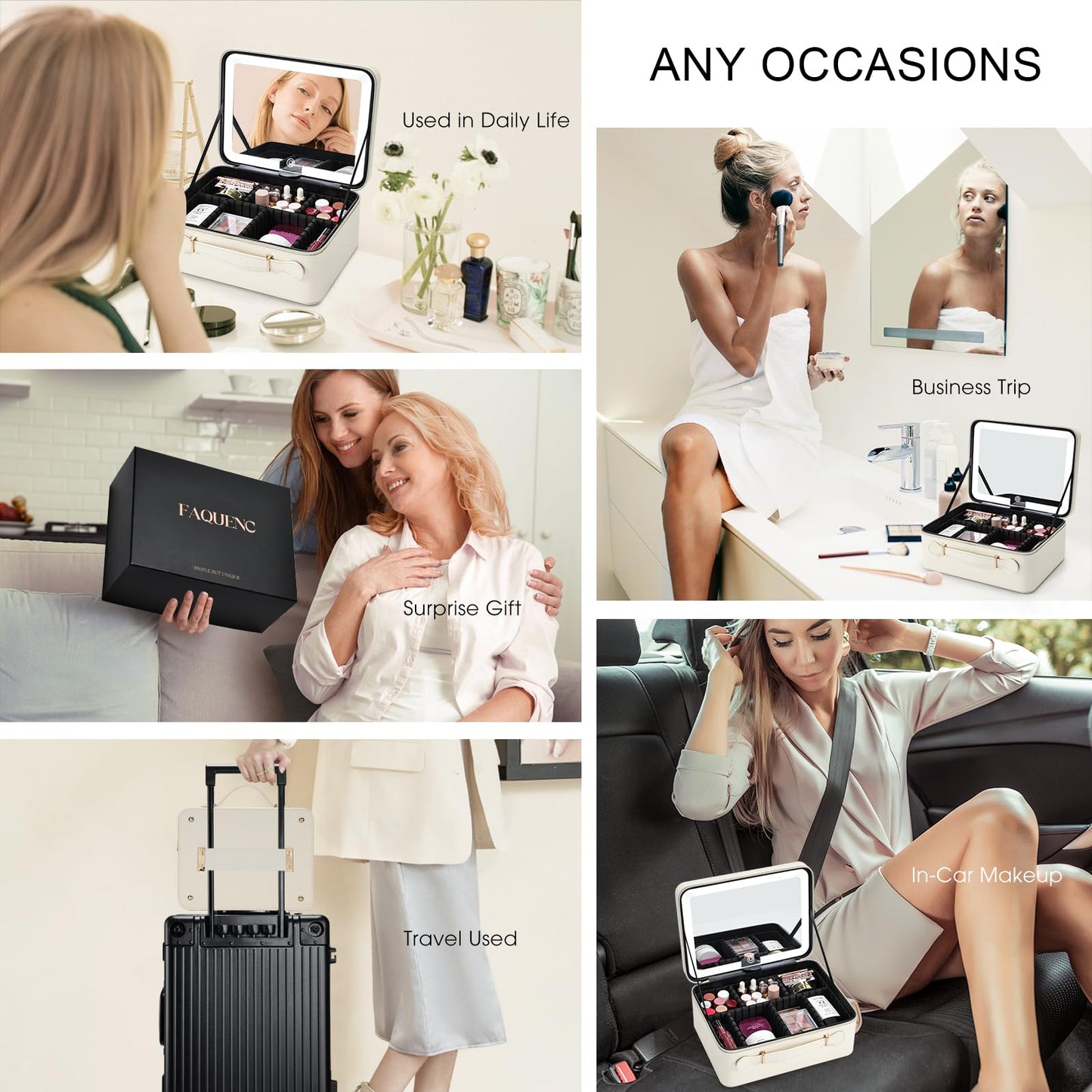 Faquenc Leather Makeup Case with LED Lighted Mirror 11.4 Inch Travel Makeup Bag Adjustable Brightness in 3 Colors Cosmetic Organizer Artist Storage Bag with Dividers Brush Holder Bag Present Box White