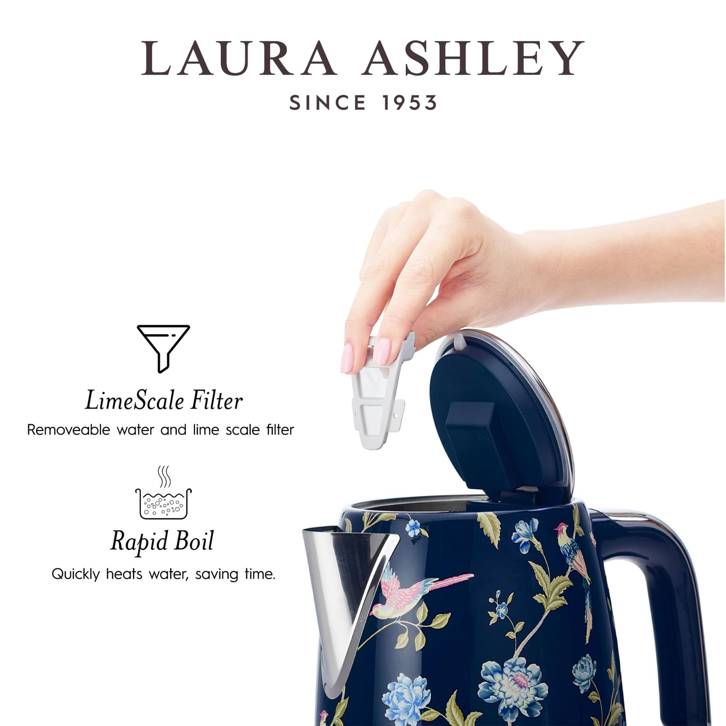 Laura Ashley Stainless Steel Electric Kettle 1.7 Liter - 1500W Rapid Boil Electric Kettles for Boiling Water - Electric Tea Kettles Automatic Shut Off - Overheat & Boil Dry Protection Jug Kettle
