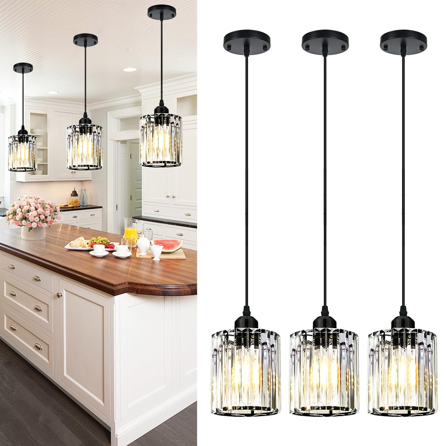 WKWKTOTO 3-Piece Pendant Lights Kitchen Island, Elegant Modern Island Lights for Kitchen with Crystal Glass – Luxury Kitchen Hanging Light for Kitchen Island, Dining Table, Entryway, Restaurant