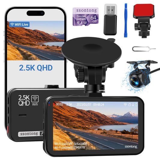 Dash Cam Front and Rear, Dash Camera for Cars WiFi/APP Control Dual Dashcam W/ 64GB Card, 2.5K Dash Cam Front+1080P Rear Car Camera W/Super Night Vision, Loop Recording, G-Sensor, Max Support 256GB
