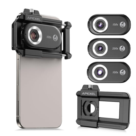 APEXEL 3-in-1 Phone Microscope Lens, 100X/150X/200X Nano Zoom Phone Micro Lens for Android/iPhone with LED UV Light/CPL/Universal Clip, Mini Pocket Digital Microscope, Portable Smartphone Camera