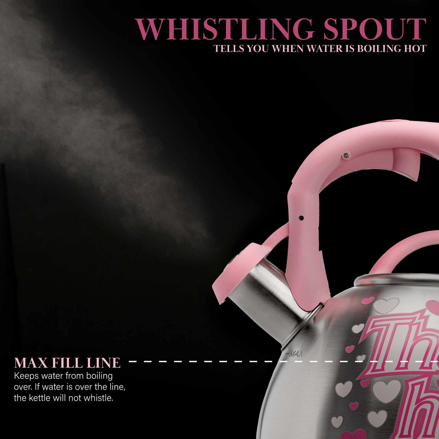 Paris Hilton Whistling Stovetop Tea Kettle, Stainless Steel with Color Changing "That's Hot" Heat Indicator Design, Soft Touch Handle, 2.5-Quart, Pink