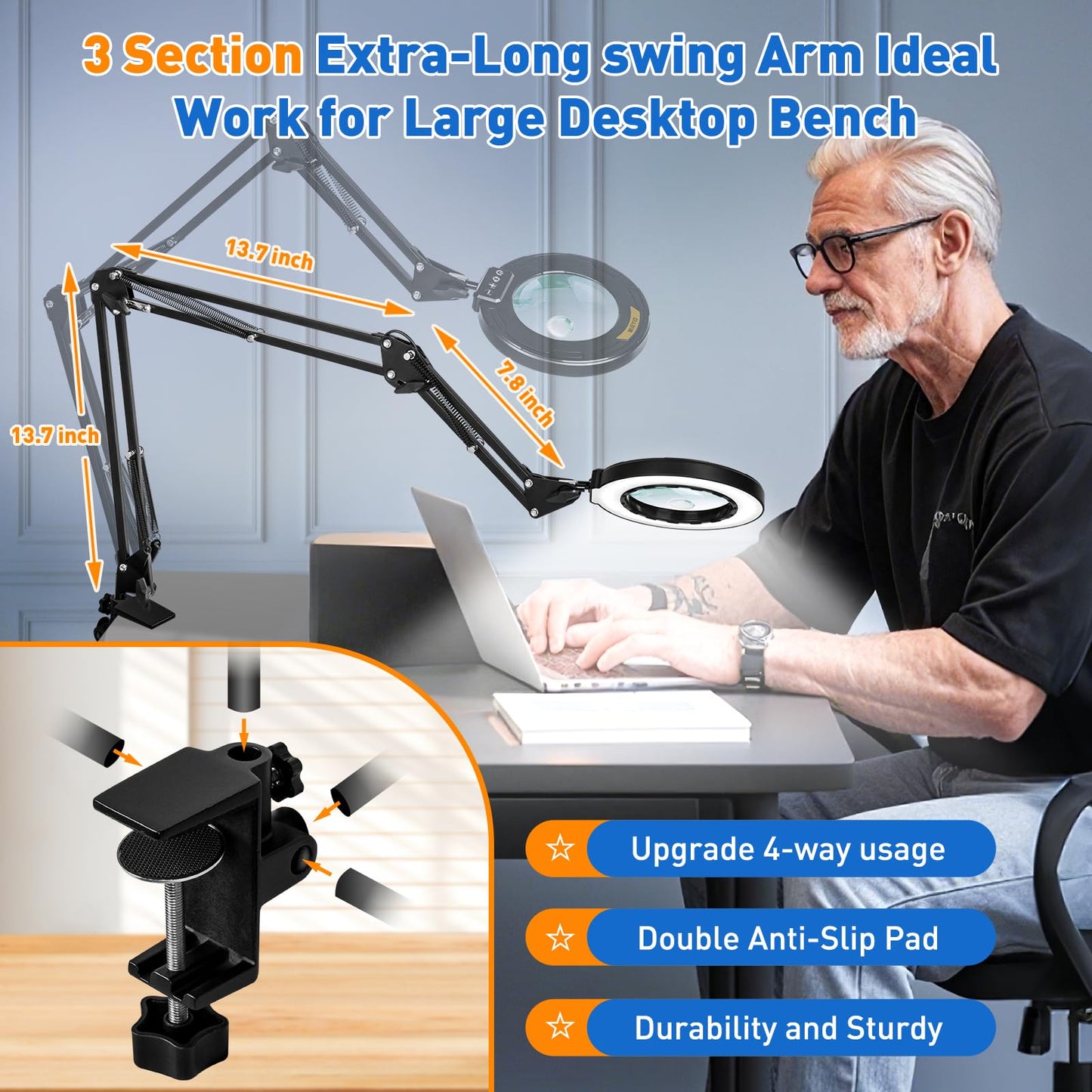 Ultra Long 3-Section Swing Arm 12X 30X Magnifying Glass with Light and Stand, 4-Way Metal Clamp Lighted Magnifier Lamp, 5 Color Modes LED Magnifying Lamp for Workbench Hobby（12X/30X 35.2in Clamp ）