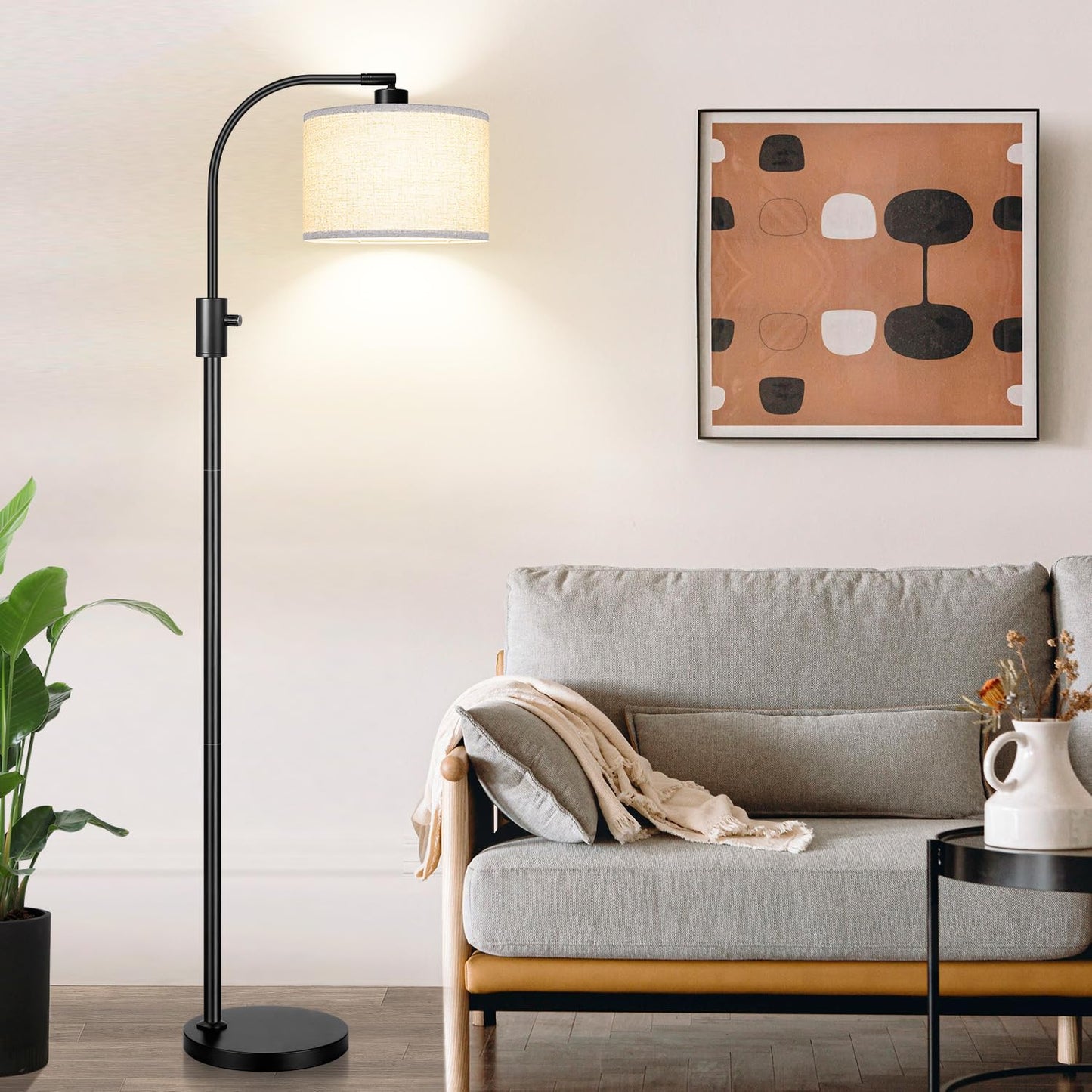 Nintiue Upgraded Modern Arc Dimmable Tall Standing Floor Lamp with Linen Shade, 1200 Lumens LED Bulb Included, for Living & Reading Room, Bedroom, Office & Nursery, Matte Black