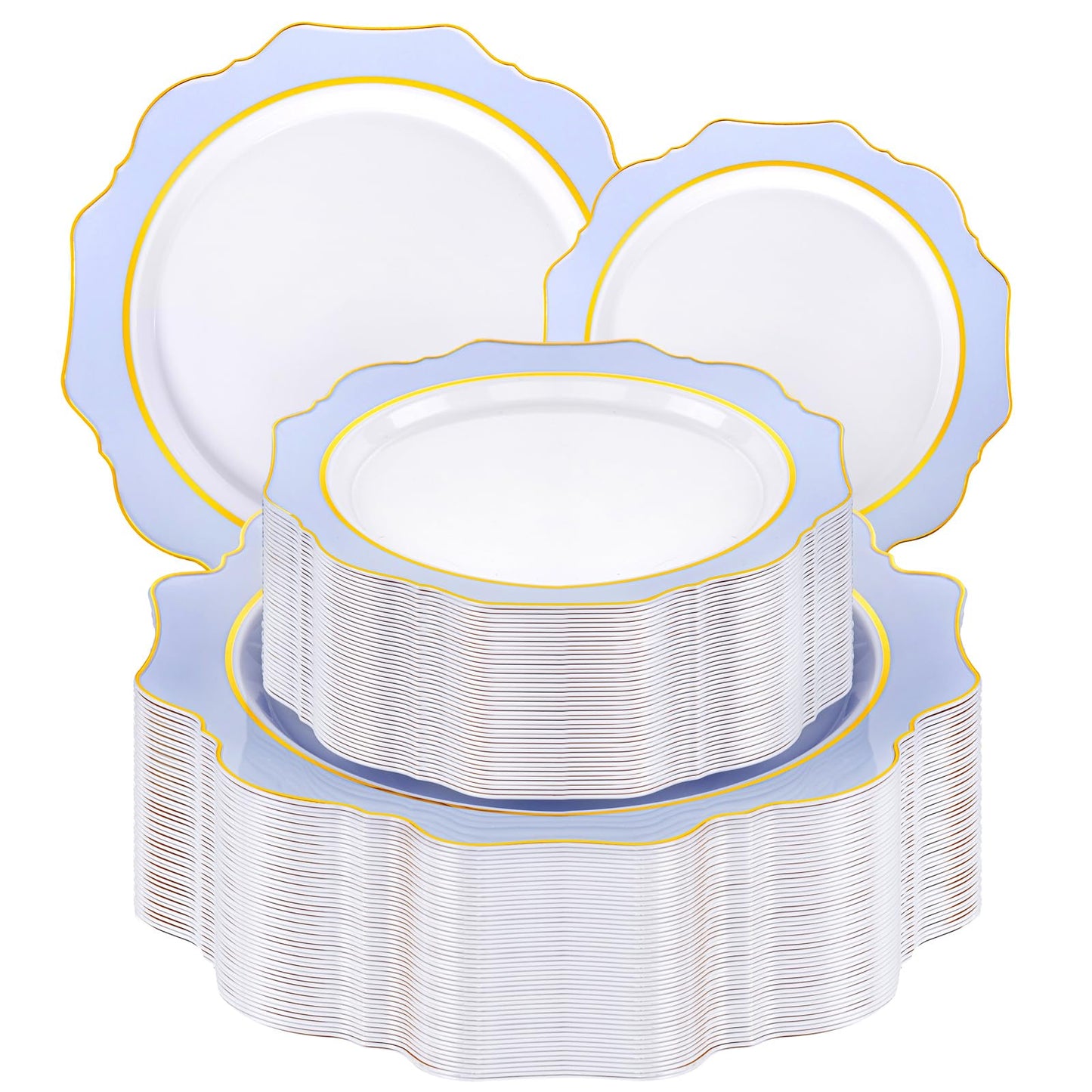 WDF 100PCS Blue Plastic Plates - Light Blue Plates Disposable - Heavy Duty Scalloped Plastic Plate for Parties/Wedding/Baby Shower