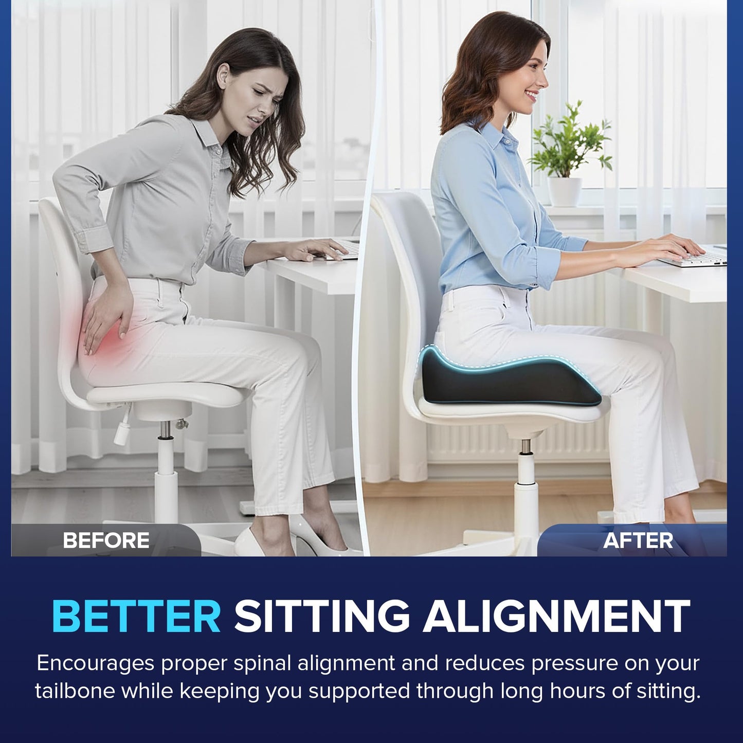 Cushprime Seat Cushion for Chair, Memory Foam Seat Cushion for Tailbone Pain Relief- Ergonomic Support for Coccyx, Back & Butt- Office & Truck Ergonomic Chair Cushion, Black
