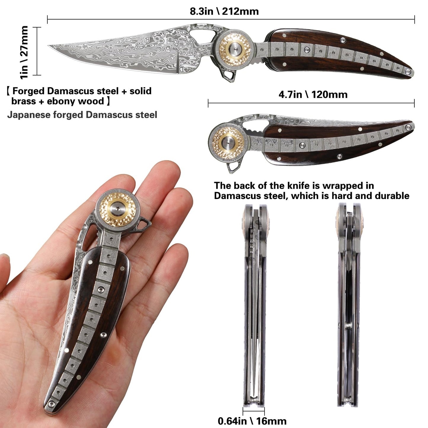 ALVELY Handmade Damascus Steel Folding Pocket Knife，Feather shape 3.4in Blade Men's Pocket Knife，With knife sheath，Ebony Handle，Home & Outdoor EDC knife