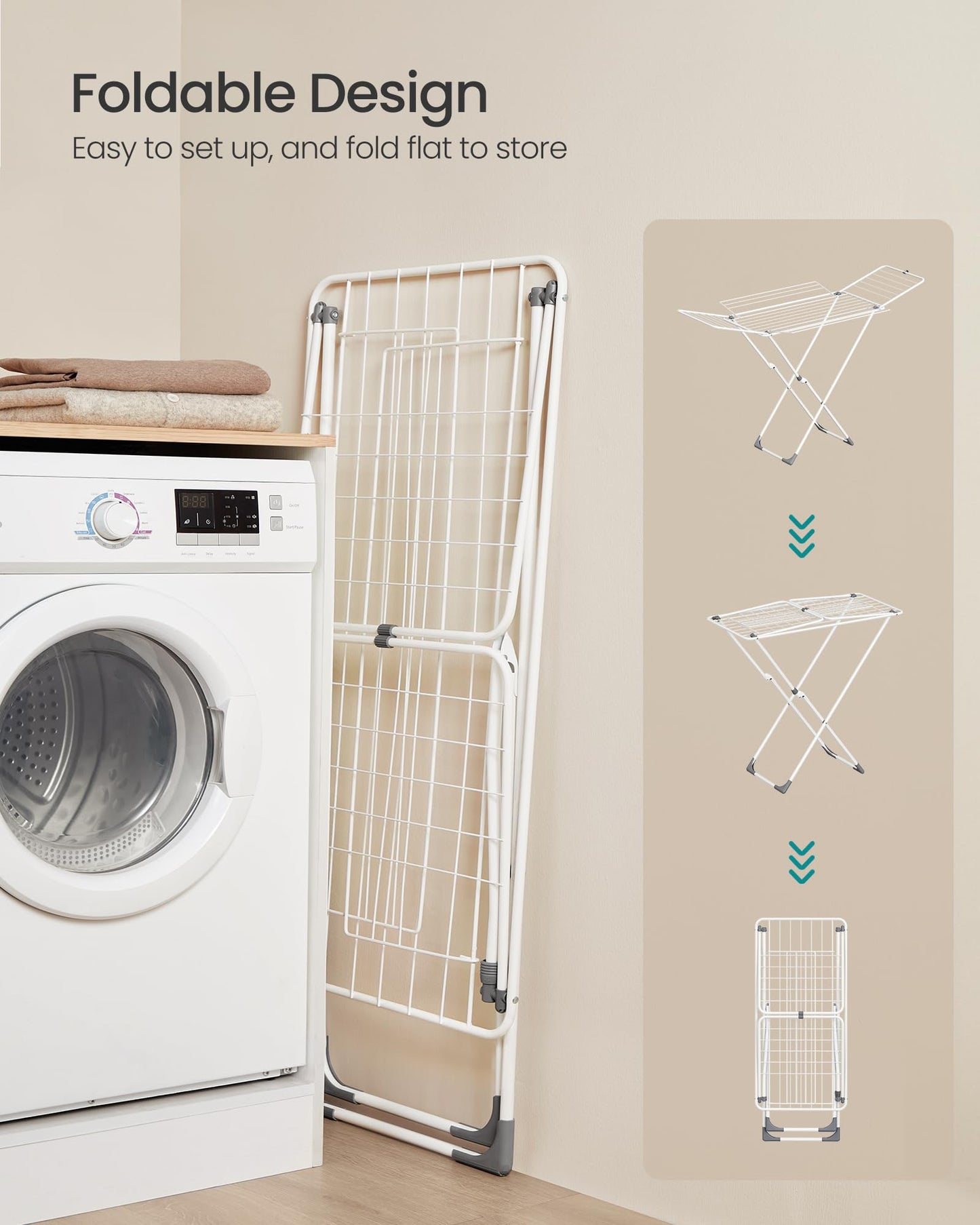 SONGMICS Clothes Drying Rack, Metal Laundry Drying Rack, Foldable, Space-Saving, Free-Standing Airer, with 4 Gullwings, Indoor Outdoor Use, Bed Linen Clothing, White ULLR541W01