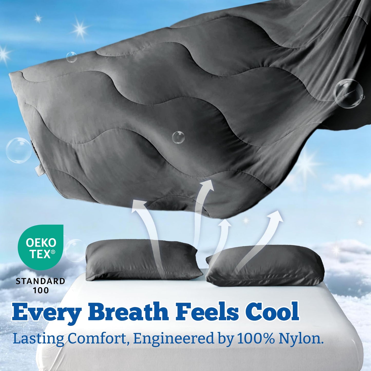 DOWNCOOL Cooling Comforter Queen Size, Lightweight Blanket for Hot Sleepers with Cooling Pillowcases, 3-Piece Bedding Set for Night Sweats & Moisture-Wicking Quick-Dry Fabric, Grey 90″x90″