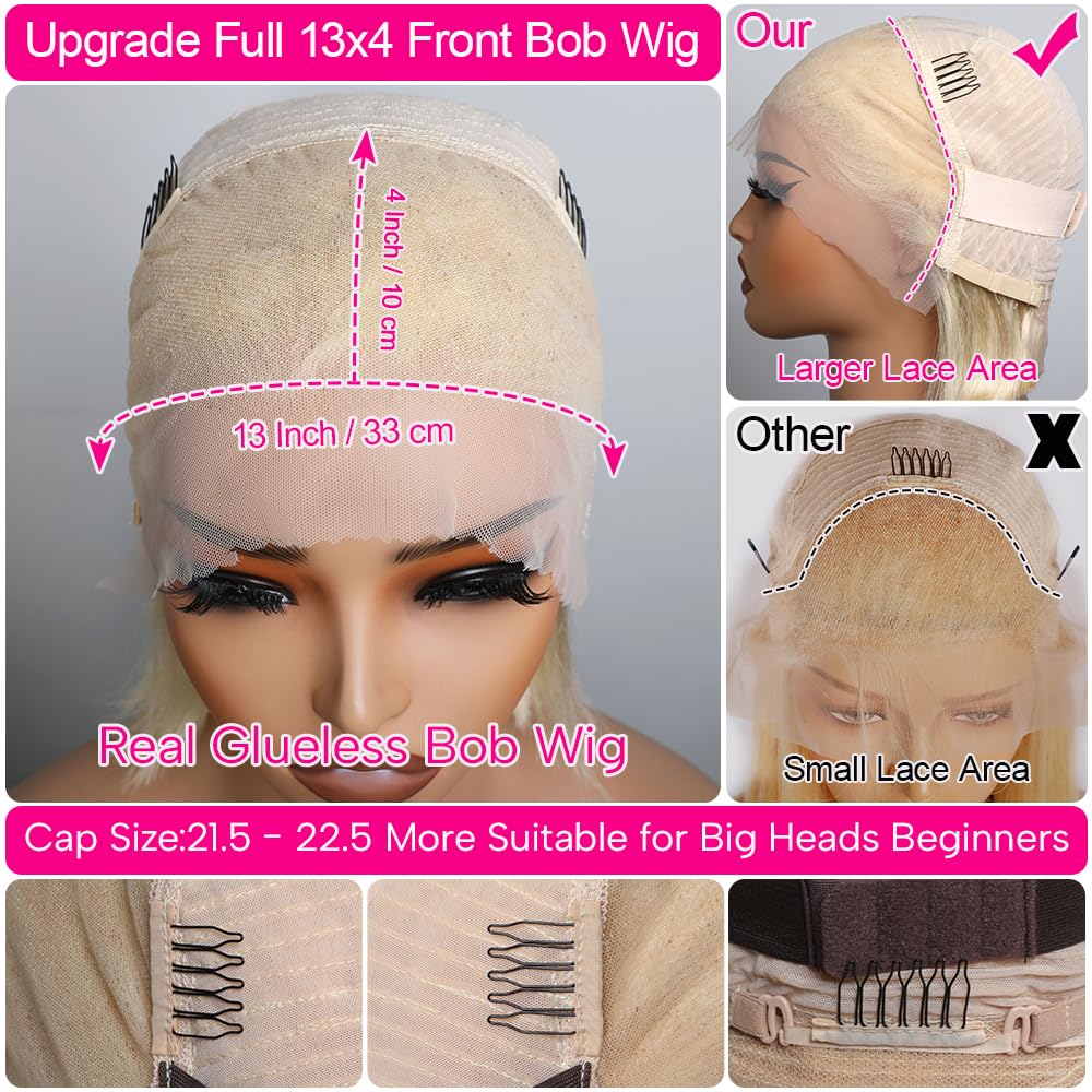 Honey Blonde 613 Lace Bob Wig Human Hair 180% Density 13x4 Transparent Lace Frontal Human Hair Wigs For Women Pre Plucked With Baby Hair 10A Brazilian Remy Human Hair Glueless Lace Bob Wigs - 10 Inch