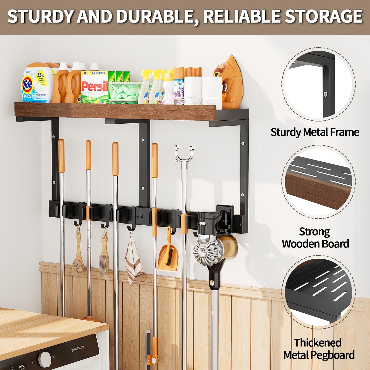 Broom Holder Wall Mount with Cleaning Supplies Organizer, Laundry Room Shelves with Mop Hanger Rack Gripper Hooks and Vacuum Organizer, Broom and Mop Organizer Wall Hanging for Home Garage Kitchen