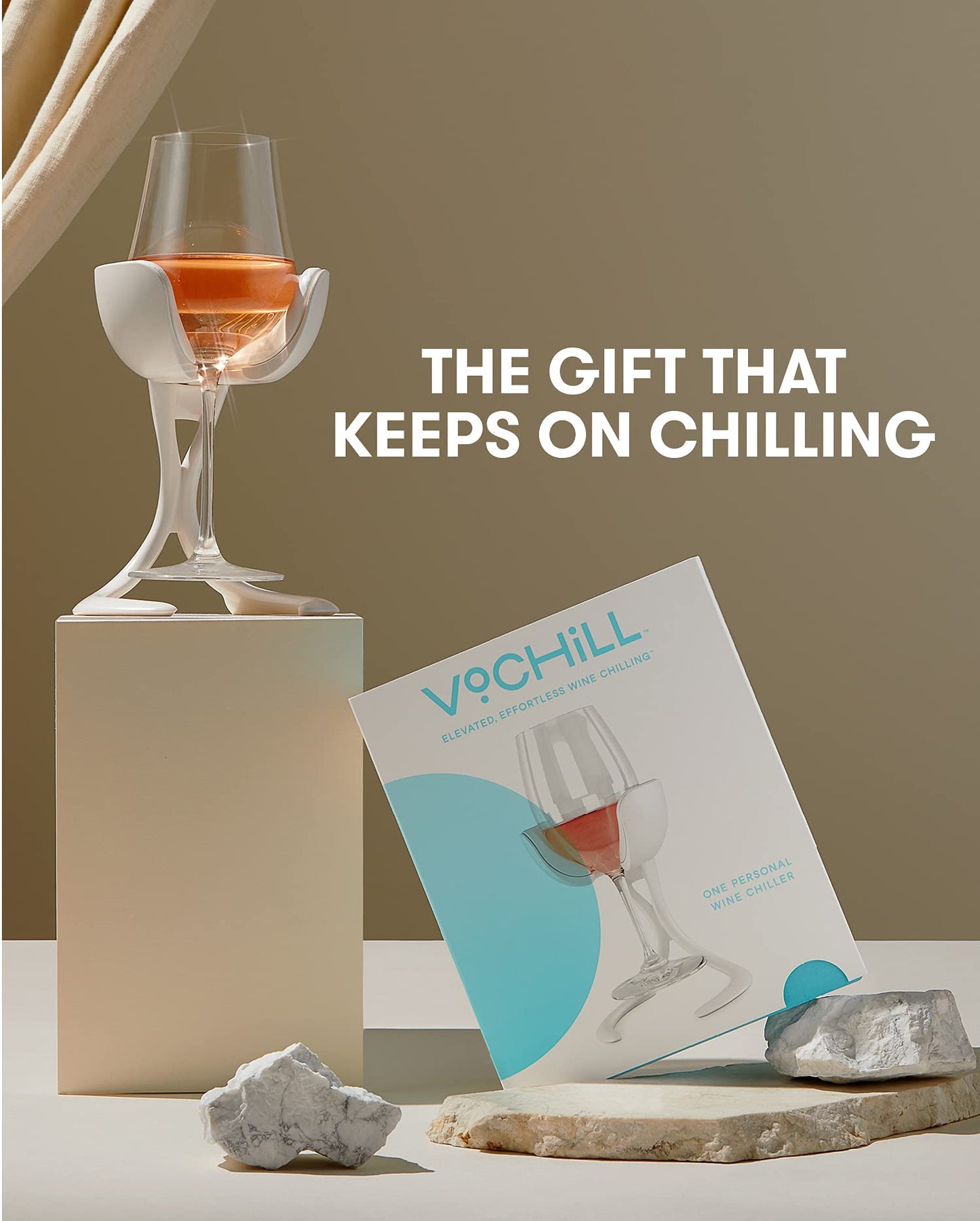 VoChill Stemmed Wine Glass Chiller | Made in USA | Radically cool wine tool – keeps wine perfectly chilled in your glass | Refreezable Chill Cradle actively chills (Sand, Perfect Pair)