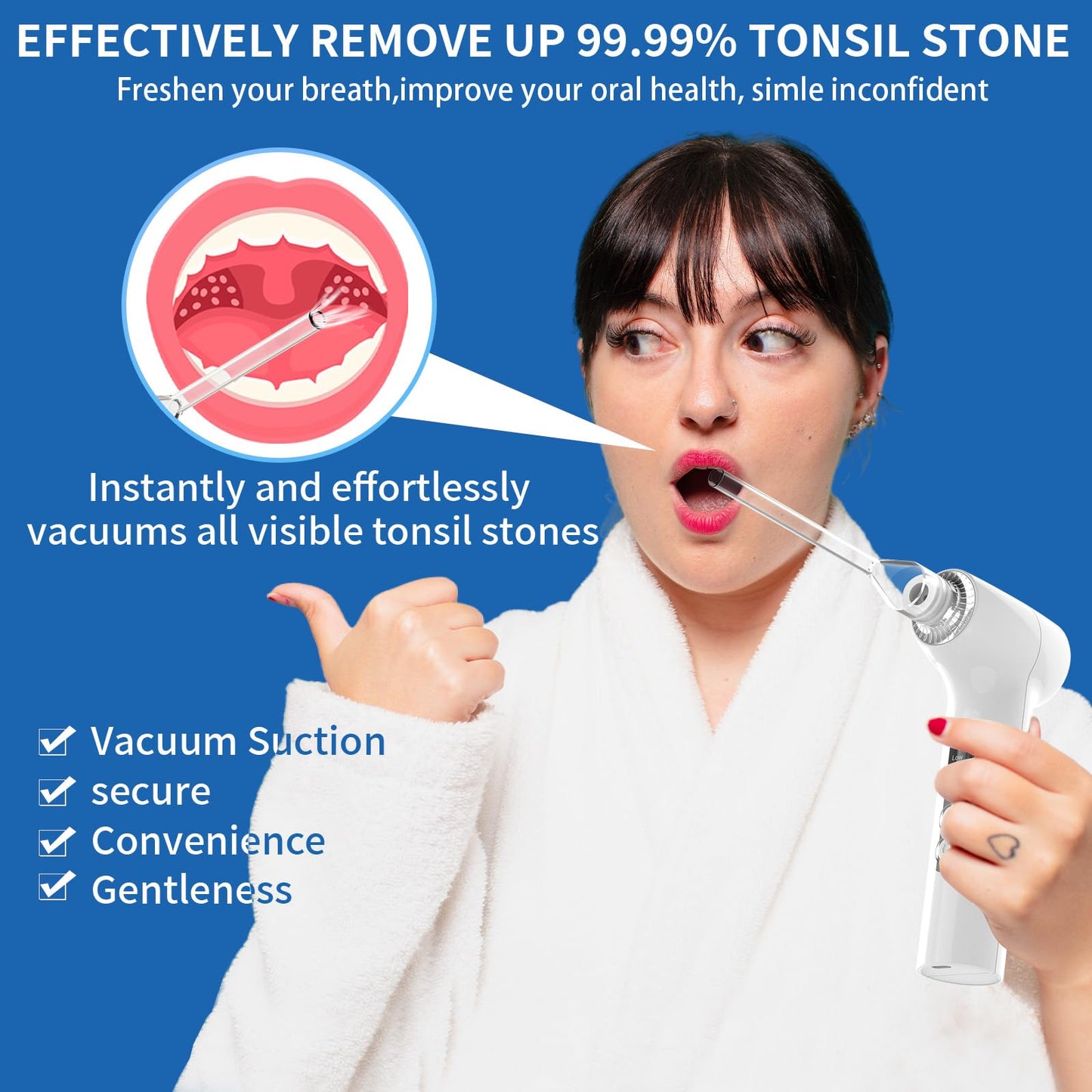 Sinkawa Electronic Tonsil Stone Remover Vacuum，10 in 1 Tonsil Stone Removal Kit，Tonsil Stone Remover Vacuum with Built-in Blue Light，Easy to Use, Fight Bad Breath, Mouth Cleaning Oral Care