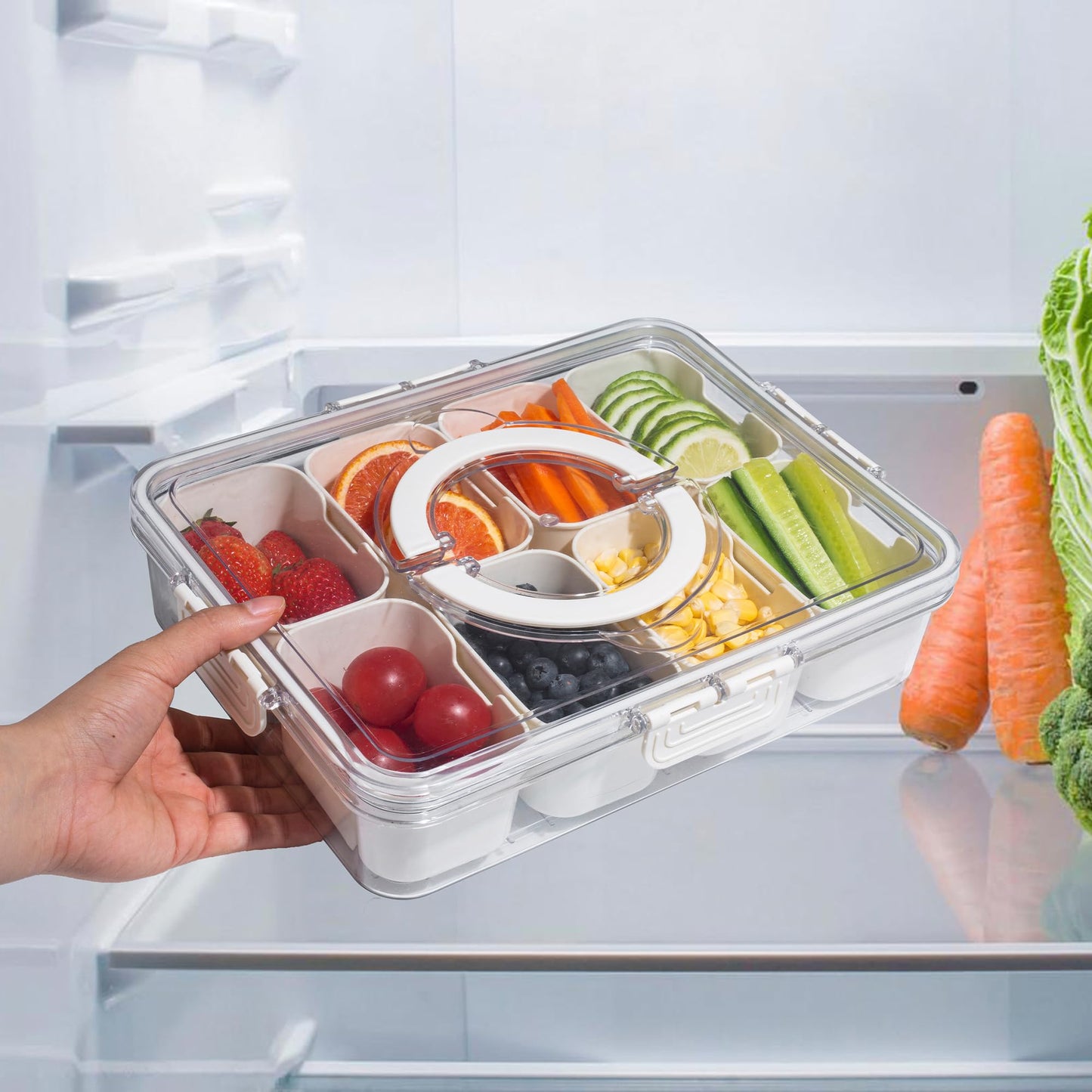 WACOI Divided Snack Serving Tray with Lid and Handle Travel Snackle Charcuterie Container Portable Storage Organizer for Candy, Fruits, Nuts, Snacks, Party, Picnic 2 Packs White