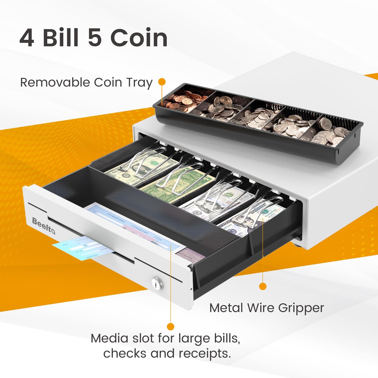Beelta 13" Cash Rigister Drawer for Small Business, 4 Bill/5 Coin with Check Slot, Steel Construction, Works with POS (Includes Keys & RJ11/12Cable) - White BK1313S