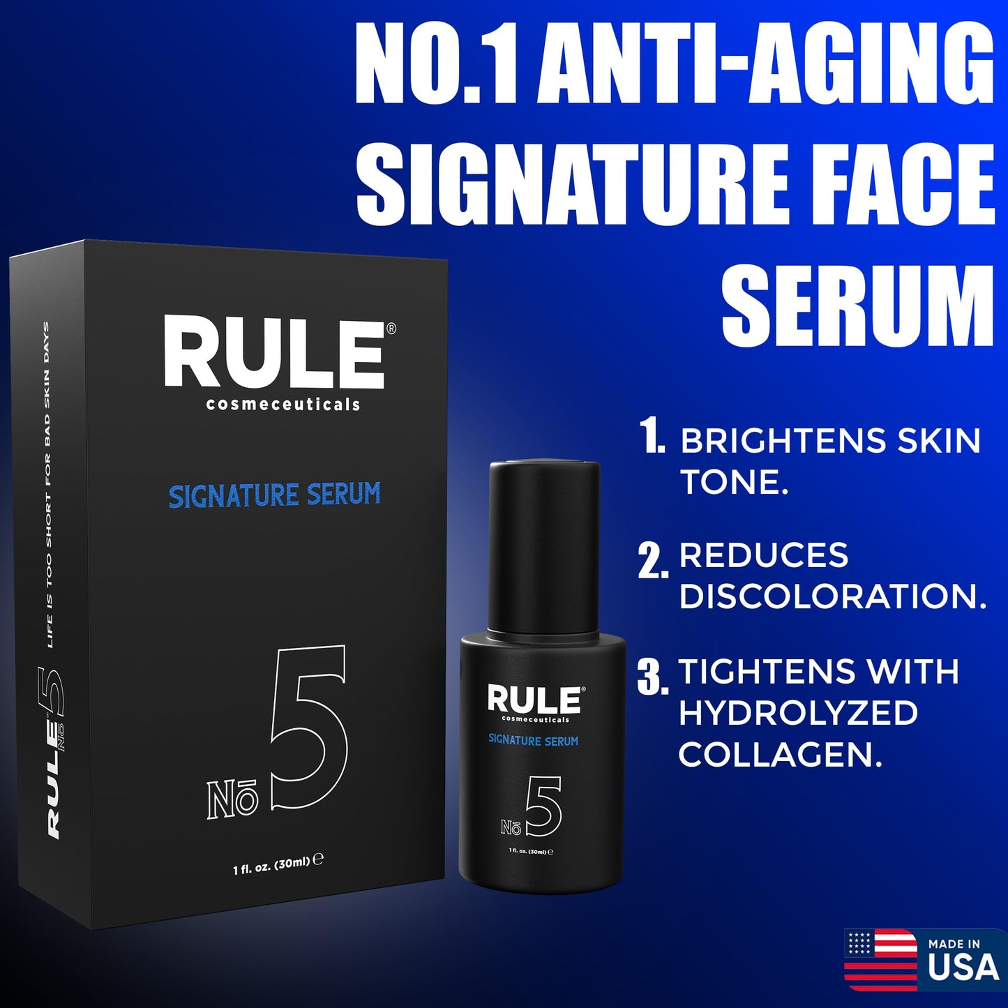 RULE Vitamin C Face Serum for Men with Hyaluronic Acid, Caviar & Niacinamide - Anti Aging Serum for Face Fine Lines, Wrinkles, Dark Spots, Brightening Skin - Antioxidant Facial Serum for Men, 1 Fl Oz
