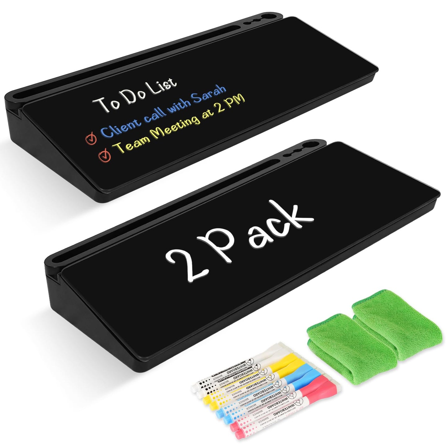 2 Pack Desktop Glass Whiteboard with Storage, Desk Board with Computer Keyboard Stand, White Dry Erase Board with Drawers for Home, School, Office Desk Organizers and Accessories - Black