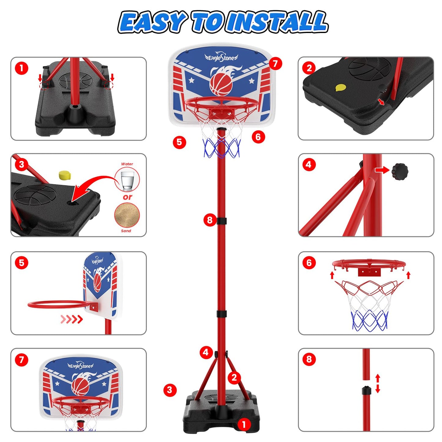 EagleStone Mini Basketball Hoop for Door & Wall, Foldable Rim with 3 Balls and Pump, Indoor Basketball Toy Game Set for Kids Adults, Bedroom Office Sports Gift (Red Blue)