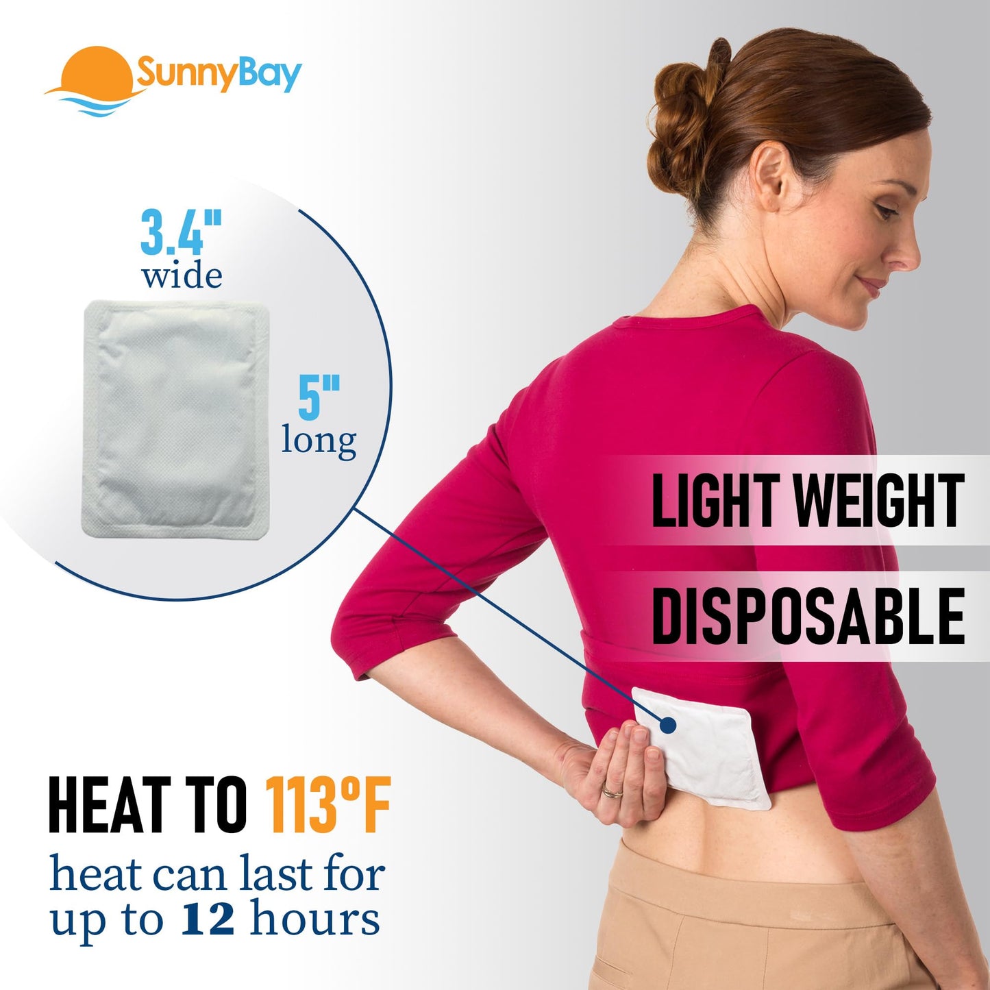 SunnyBay Adhesive Heat Patches for Neck, Knee, and Upper or Lower Back, Air-Activated Heat Pads for Menstrual Cramps, Stiffness, Sprains, and More, Stick to Clothing, 5x3 inches, 60 Count