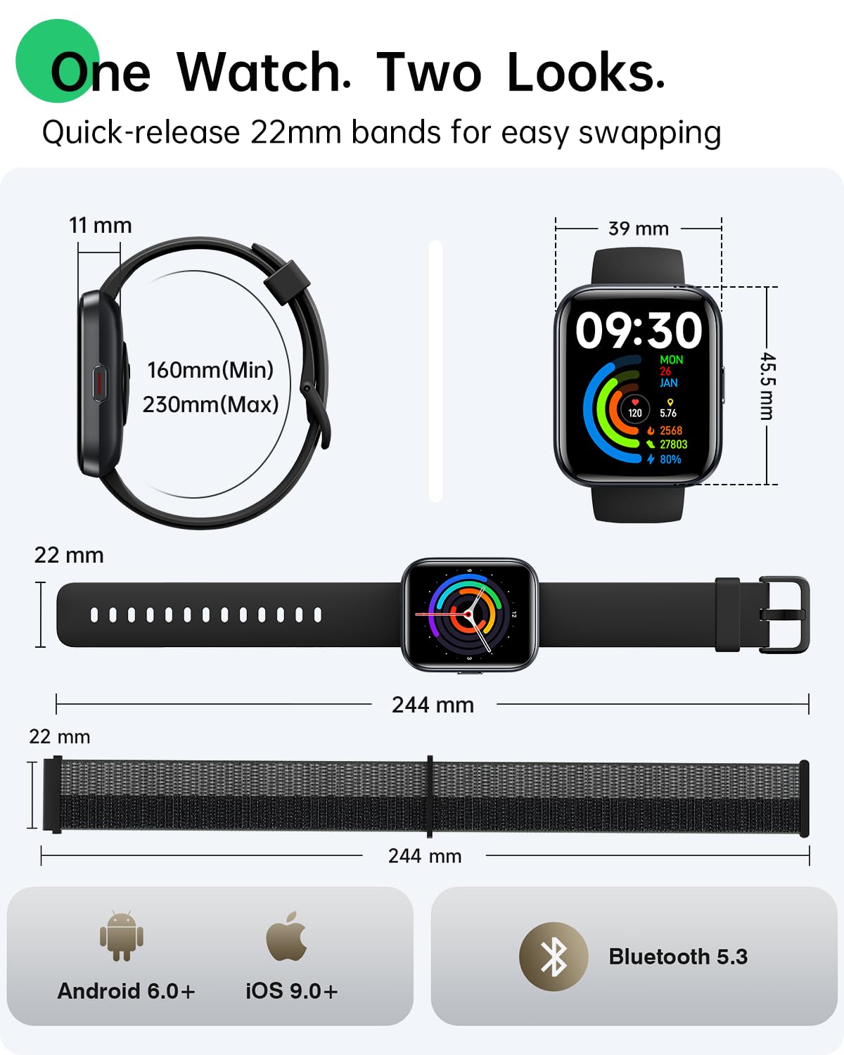 WMK Smart Watches for Women, Alexa Built-in, Answer/Make Call,1.83" Display,10 Day Battery, Heart Rate/SpO2/Sleep Monitor, 3ATM Waterproof, Compatible with iPhone/Android Fitness Tracker(2 Bands)
