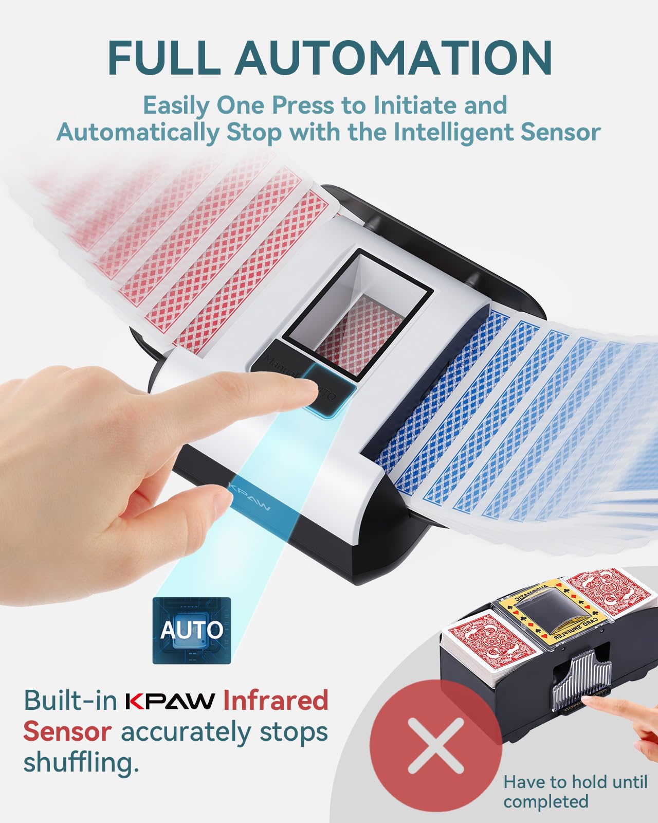 KPAW Automatic Card Shuffler - One-Press AUTO & Manual Mode, Electric Shuffling Machine for 1-2 Decks, Low Noise, Rechargeable & Portable Shuffler Machine for Poker, UNO, Blackjack, Skip-Bo, Phase 10