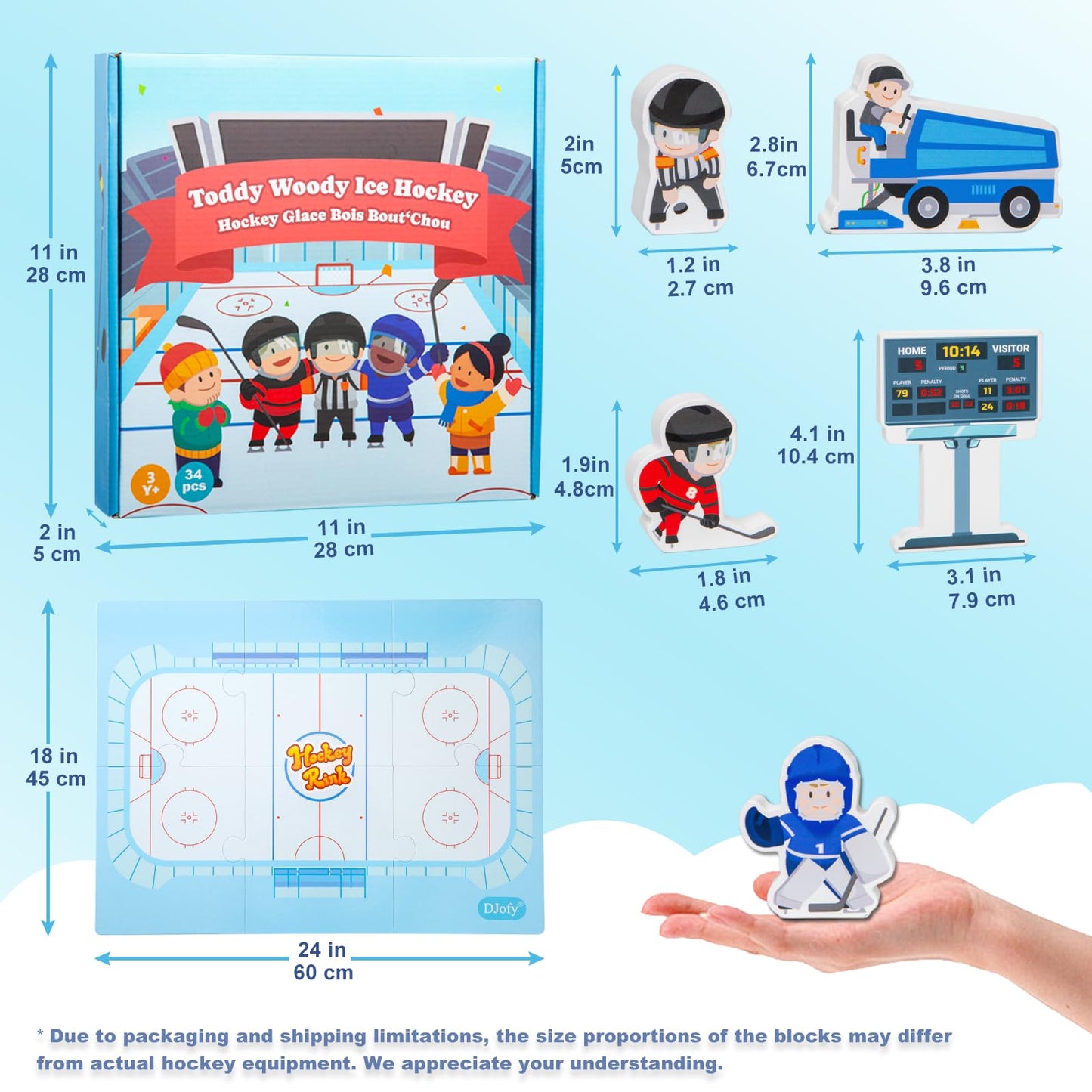 2-in-1 Hockey Board Game & Blocks Playset, Wooden Hockey Figurines with Assembly Rink or Roll and Move Game, Mini Hockey Figures, Winter Sports Toy for Kids, Toddlers & Families