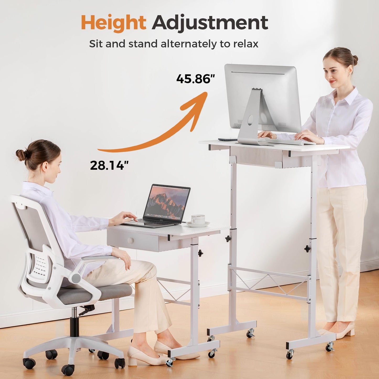 GTPLAYER Small Standing Desk Adjustable Height Small Computer Desk Mobile Portable Rolling Laptop Table with Wheels 32" Computer Workstation Sit Stand Desks Portable Standing Table Treadmill desks
