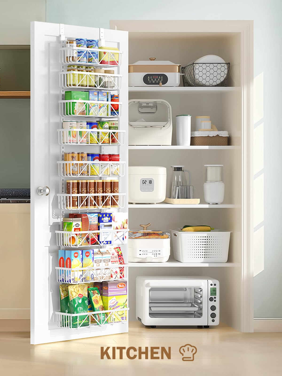 Delamu Adjustable Over the Door Pantry Organizer, 9-Tier Metal Pantry Organization and Storage for Kitchen, Hanging Spice Rack Seasoning Shelves, Cabinet Door Organizer for Easy Install, 16" White
