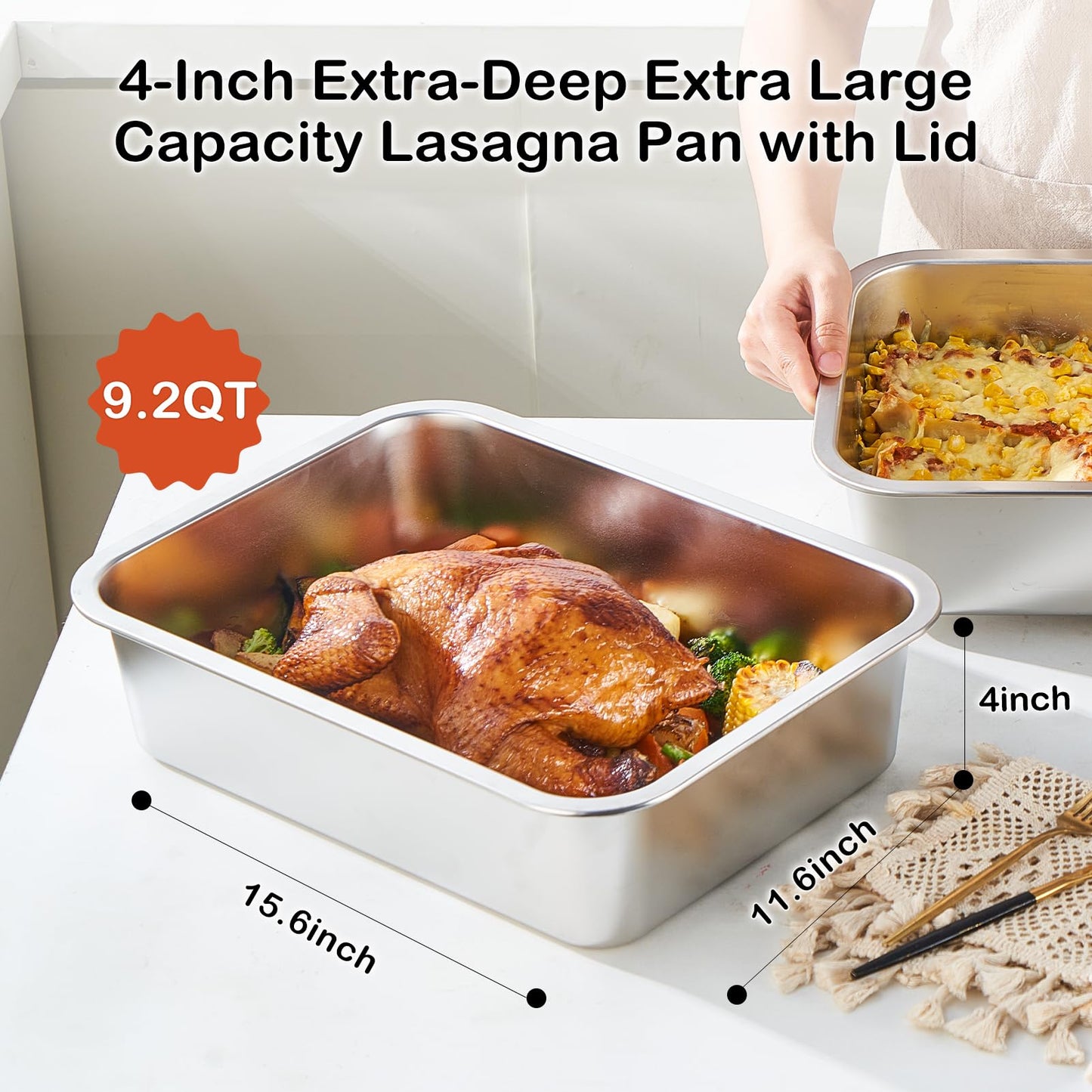 4-Piece 4 Inch Extra Deep Lasagna Pan with Lid, 11.6x15.6 Inch 9.2QT Large Stainless Steel Nonstick Lasagna Baking Roasting Dish Pan for Oven(L, 2 Pack)
