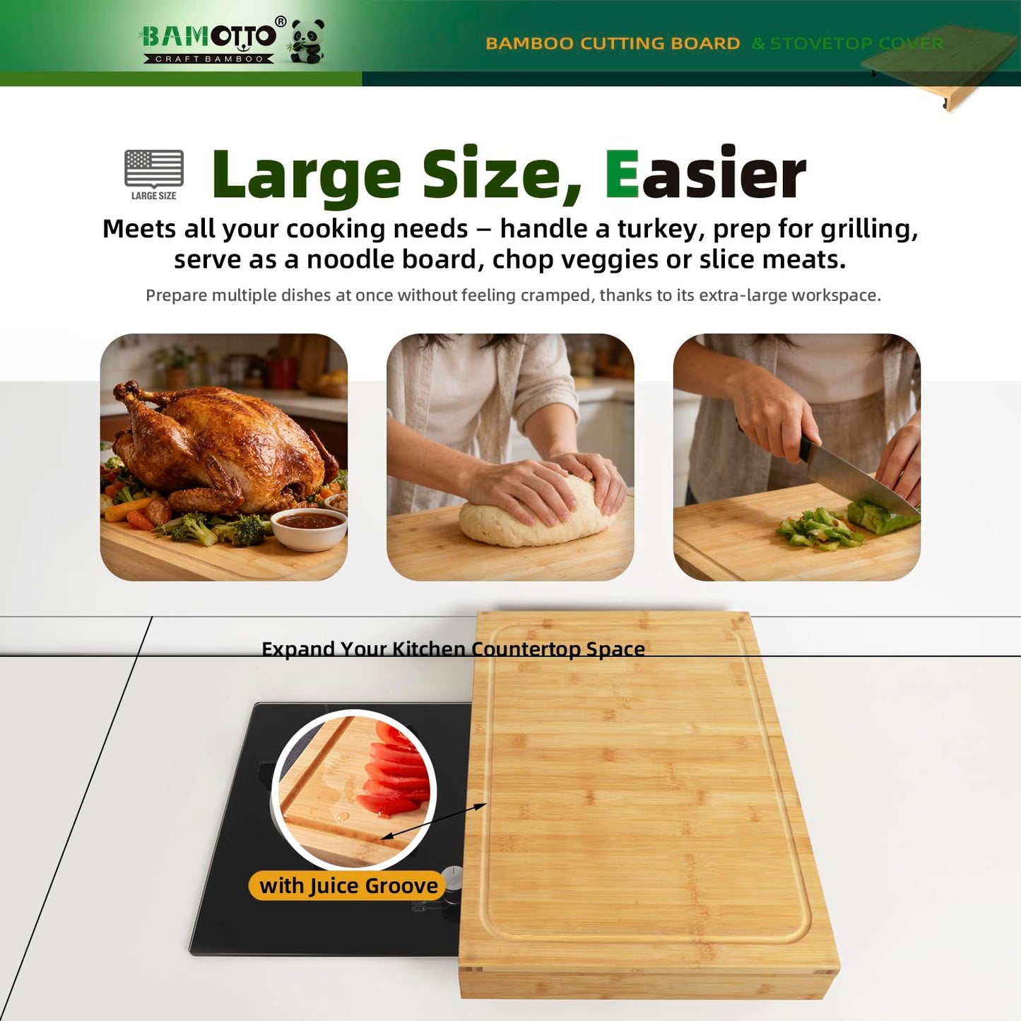 BAMOTTO CRAFTBAMBOO 16 x 22 Inch Bamboo Cutting Board, Over-the-Sink Board and Stovetop Cover with Detachable Support Legs & Front Lip, for RV Camper and Home Kitchen