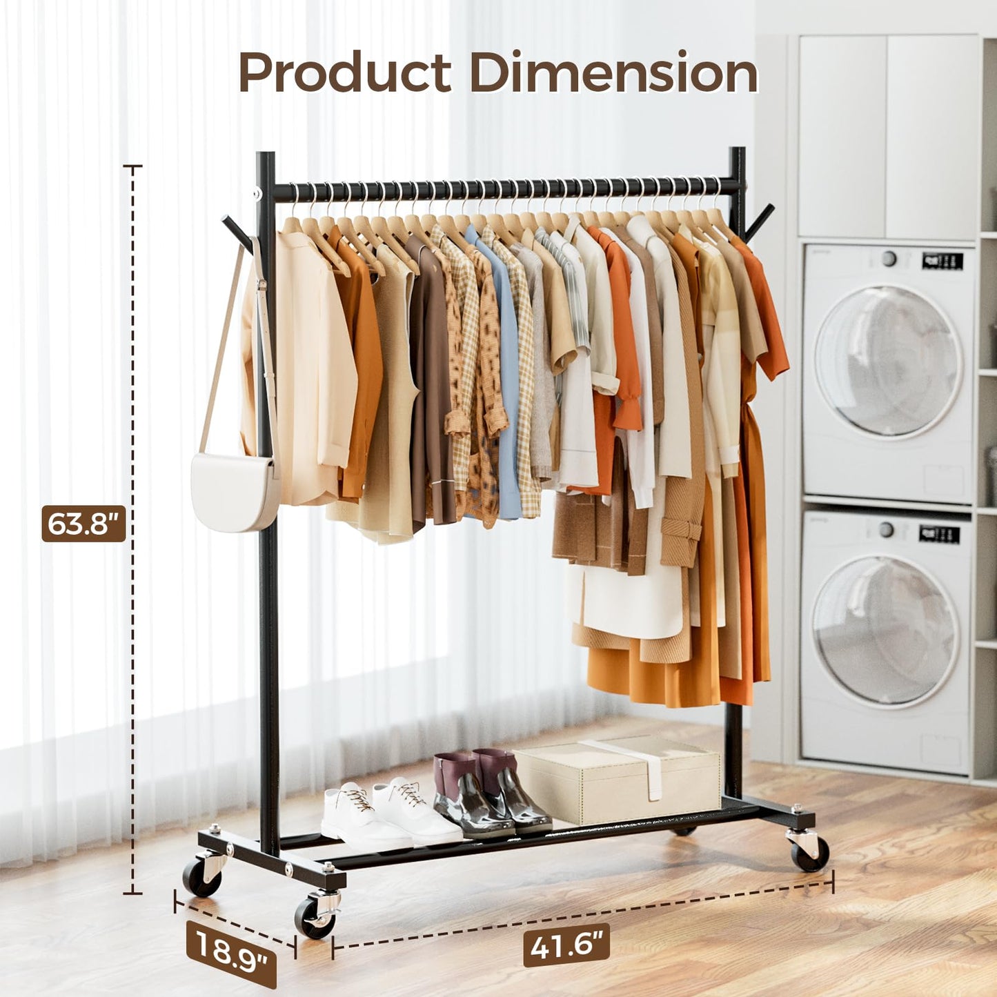 Clothes Rack, Clothing Rack for Hanging Clothes Load 280LBS, Rolling Garment Rack, Portable Coat Rack Freestanding Clothes Rack with Wheels Wardrobe Rack Easy Assembly for Bedroom Living Room, Black